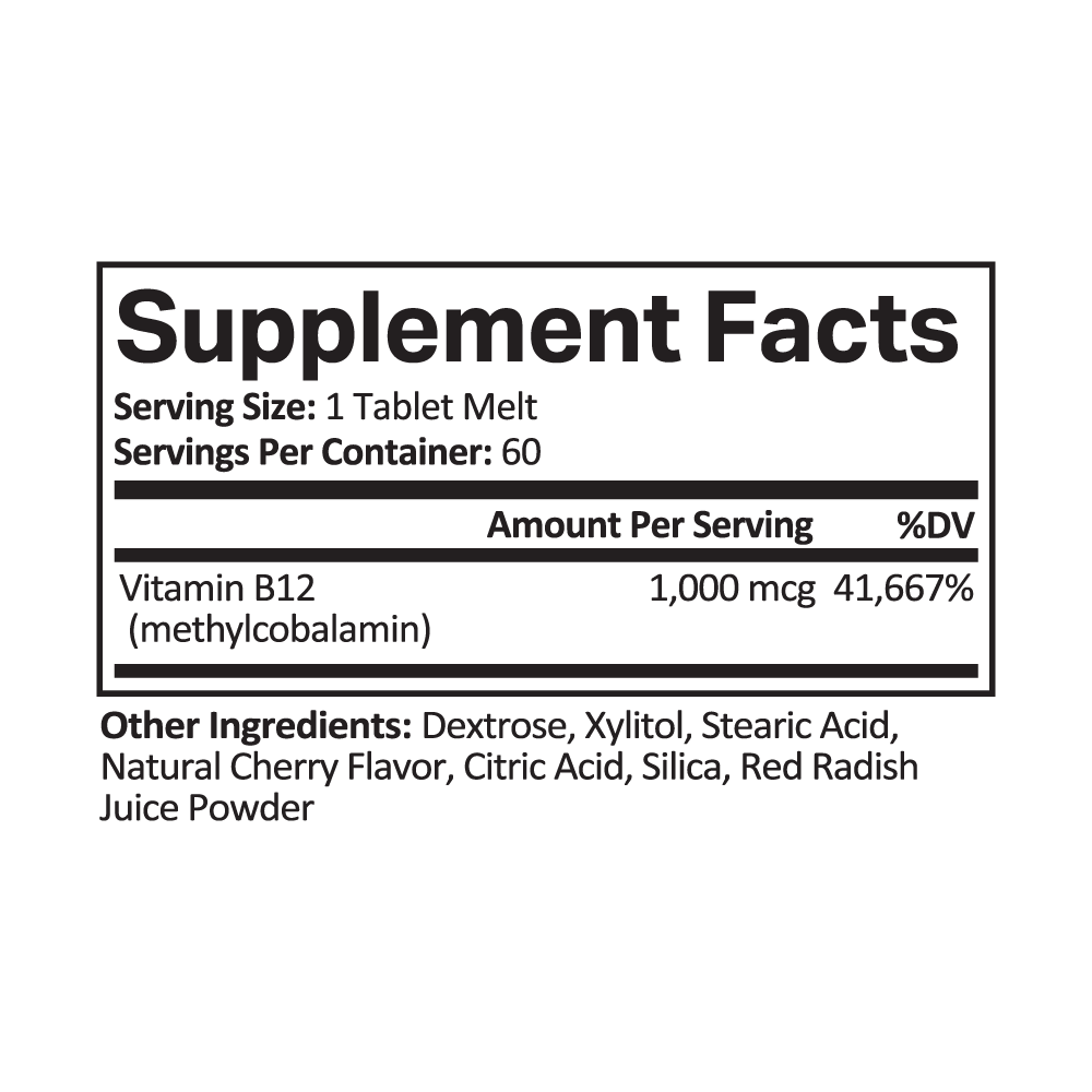 Vitamin B12 Tablet Melts | 1,000 mcg | Cherry Supplement Facts