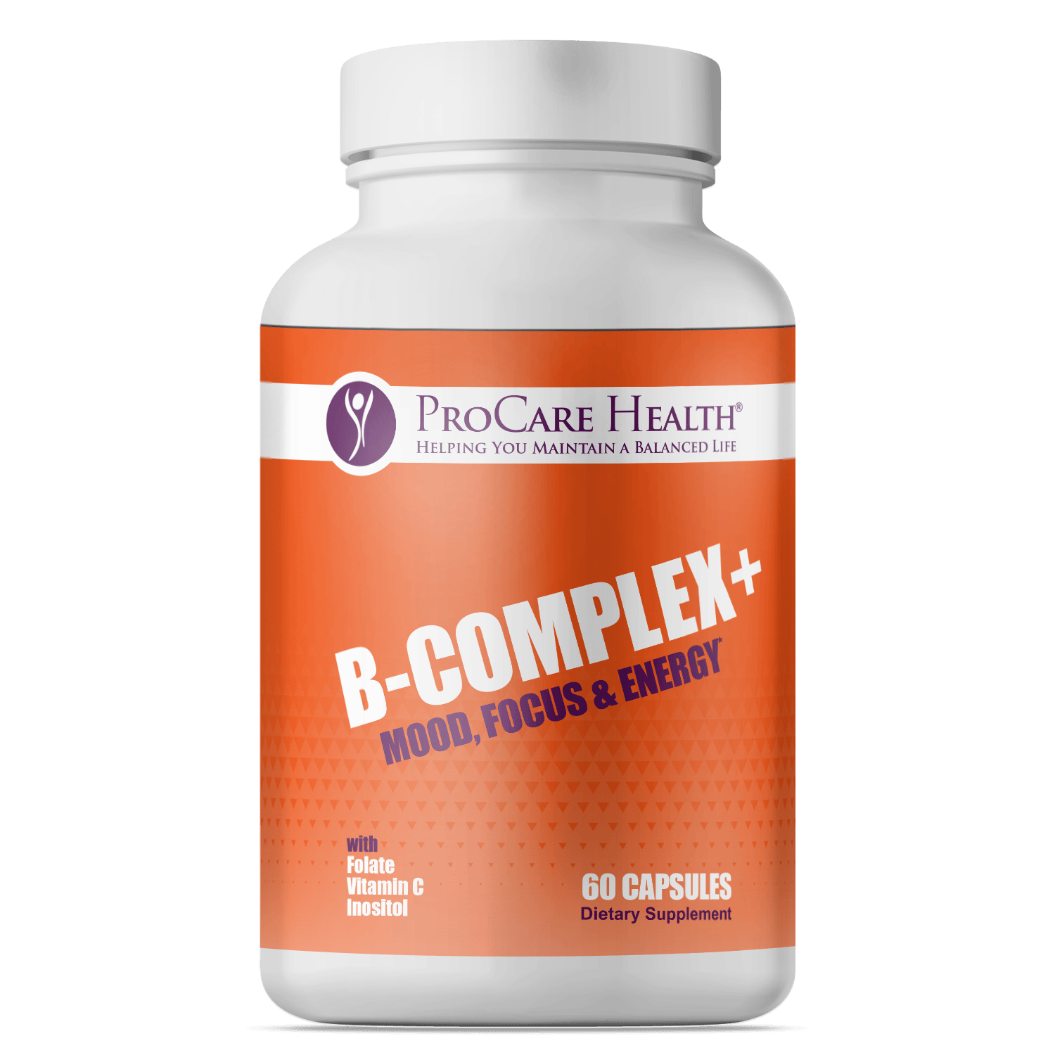 ProCare Health B-Complex+ dietary supplement bottle for mood, focus, and energy with 60 capsules.