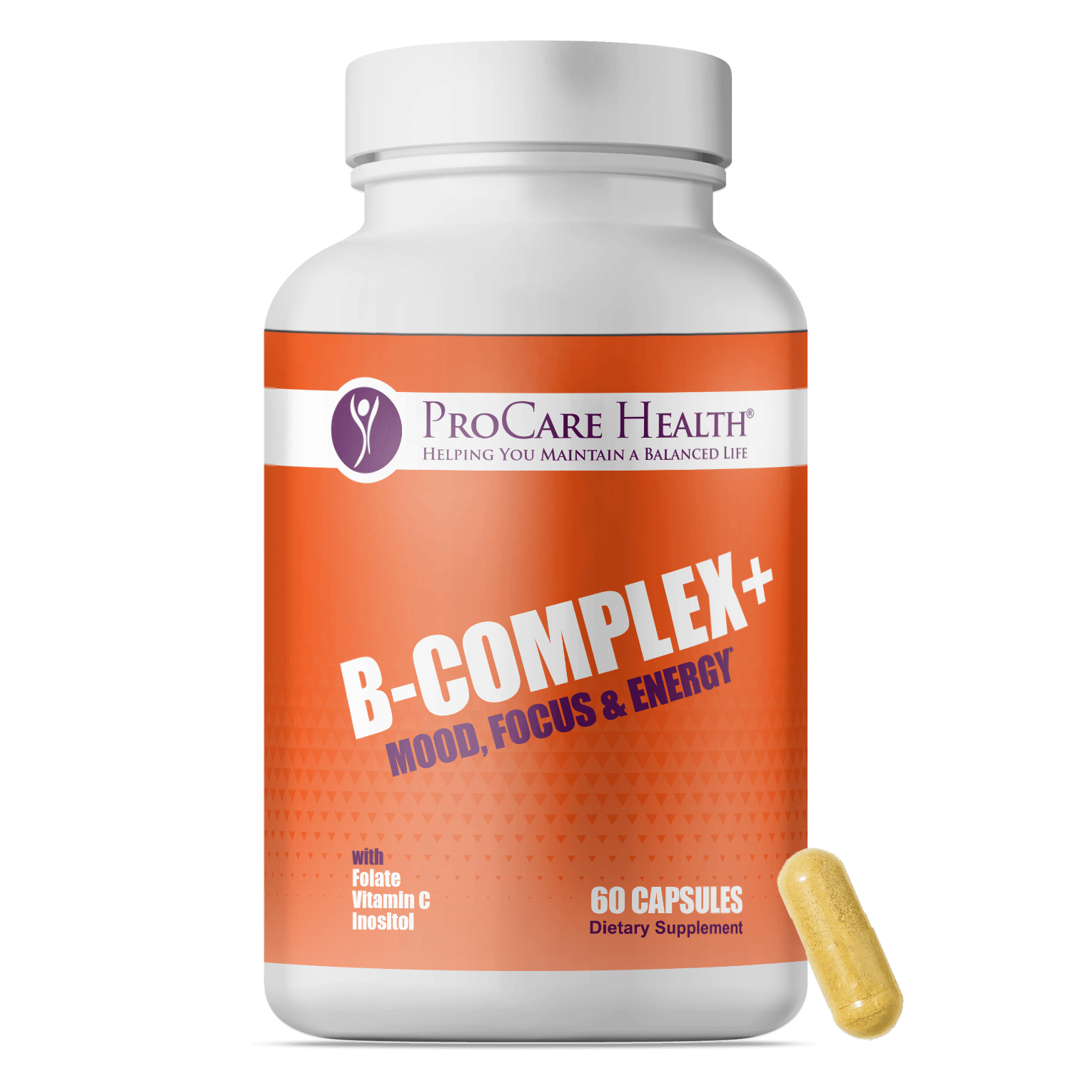 ProCare Health B-COMPLEX+ dietary supplement for mood, focus, and energy in easy-to-take capsules.