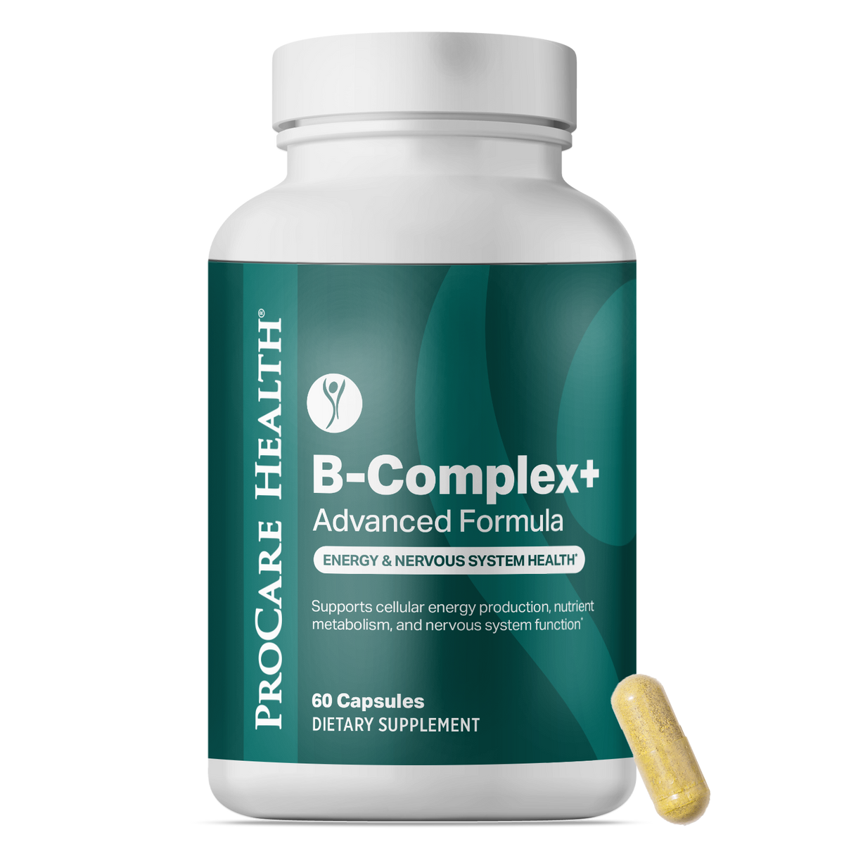 ProCare Health B-COMPLEX+ dietary supplement for mood, focus, and energy in easy-to-take capsules.