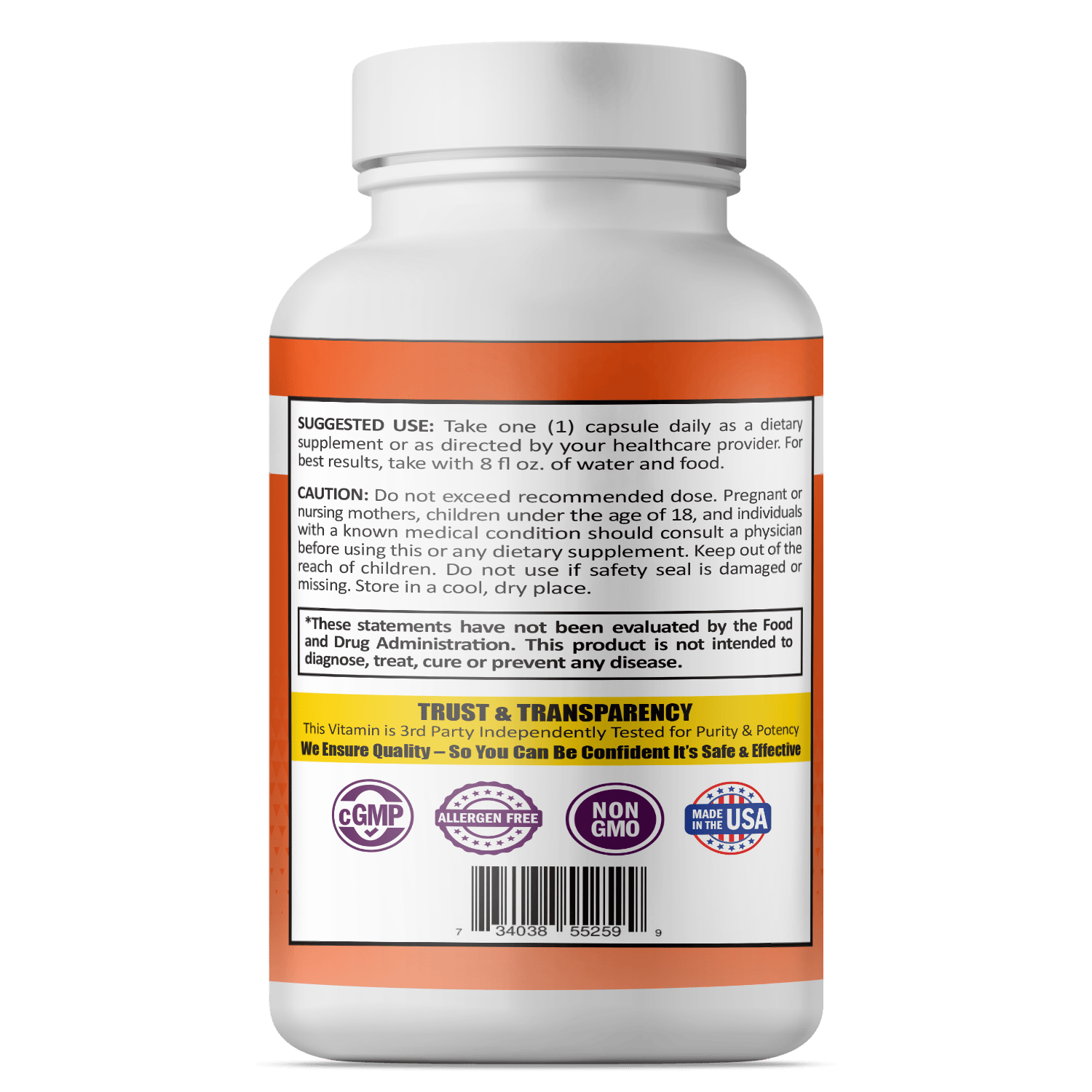 Back view of a dietary supplement bottle with usage instructions and safety warnings.