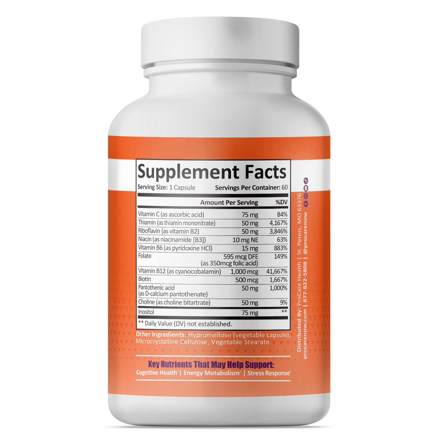 Label of a nutritional supplement bottle detailing ingredient amounts and health benefits.