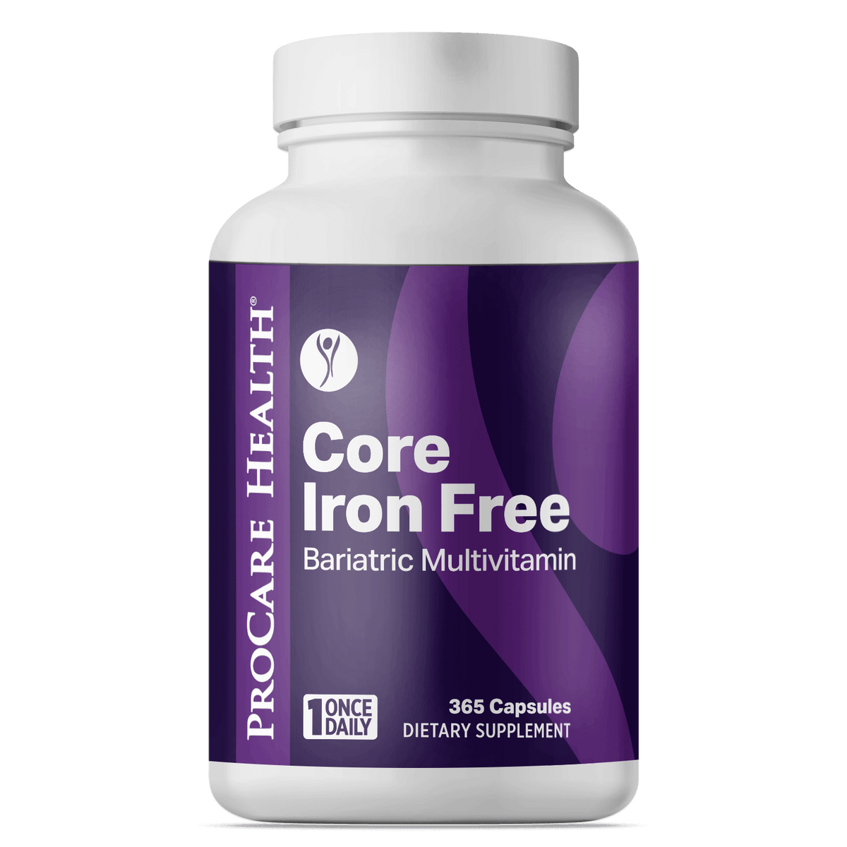 Bottle of ProCare Health Core Iron Free Bariatric Multivitamin capsules in 365 count bottle
