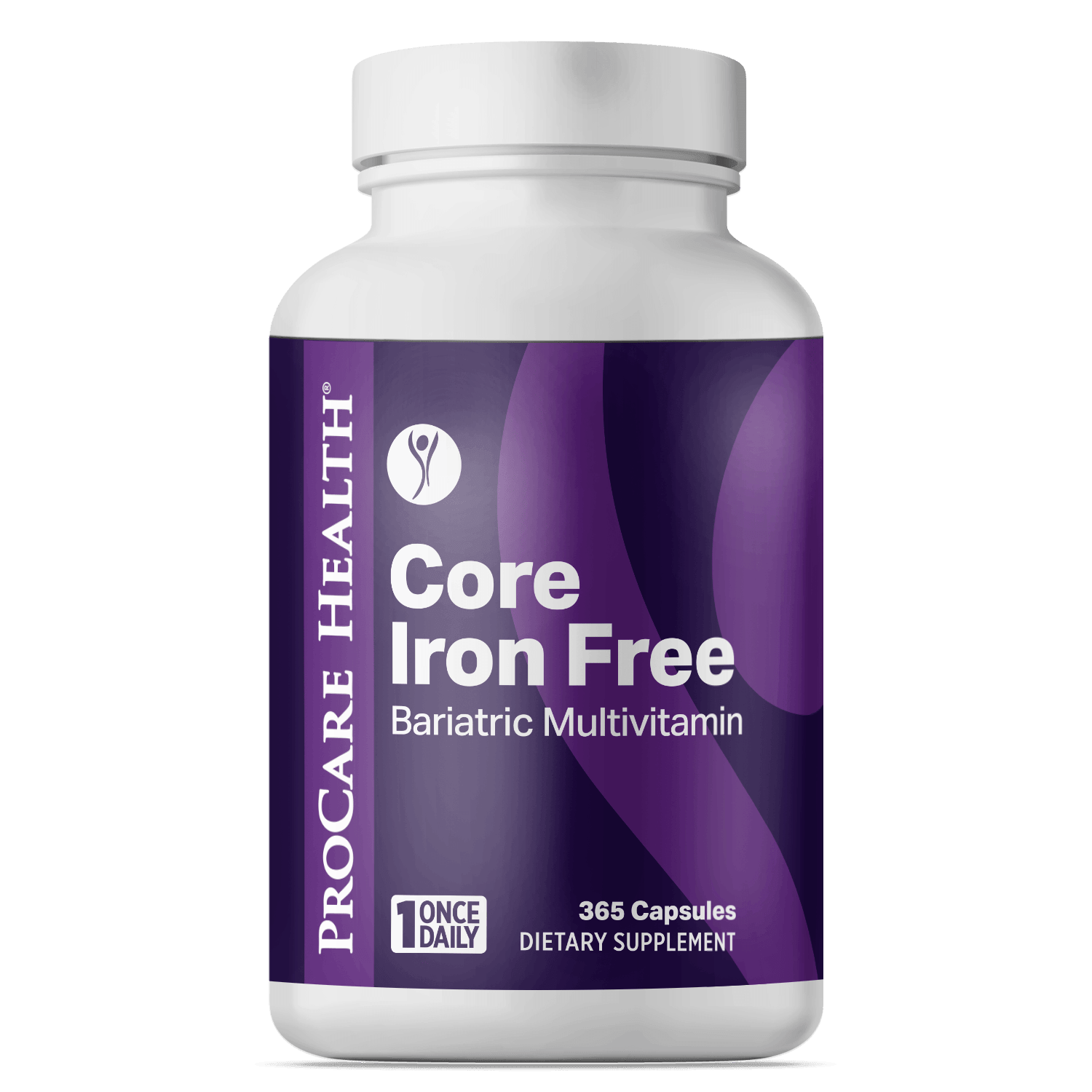 Bottle of ProCare Health Core Iron Free Bariatric Multivitamin capsules in 365 count bottle