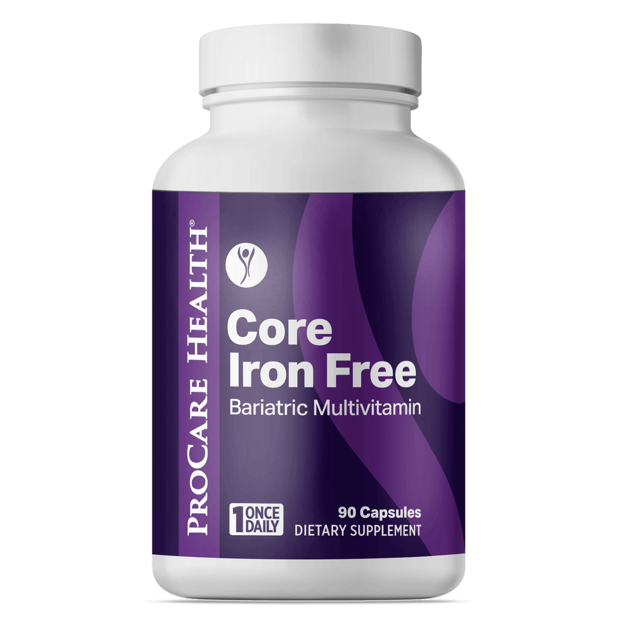 Bottle of ProCare Health Core Iron Free Bariatric Multivitamin capsules in a 90 count bottle