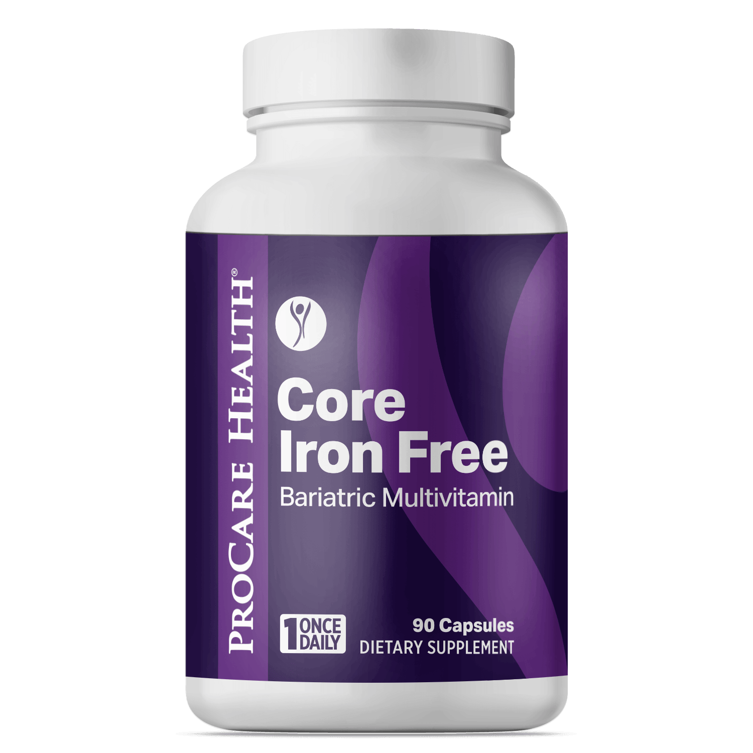 Bottle of ProCare Health Core Iron Free Bariatric Multivitamin capsules in a 90 count bottle
