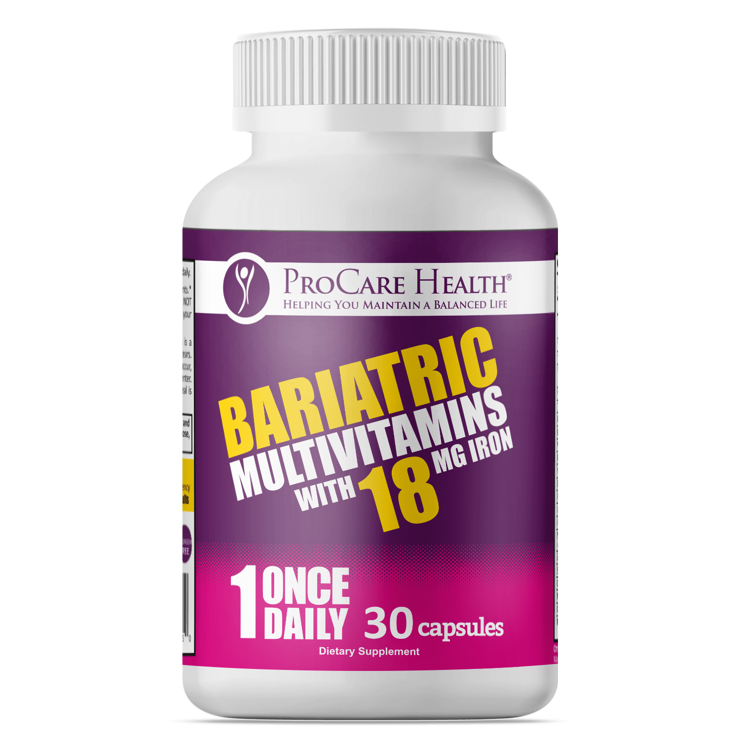 ProCare Health Bariatric Multivitamin | 18mg Iron | Capsule bottle, containing 30 once daily capsules for dietary supplementation.