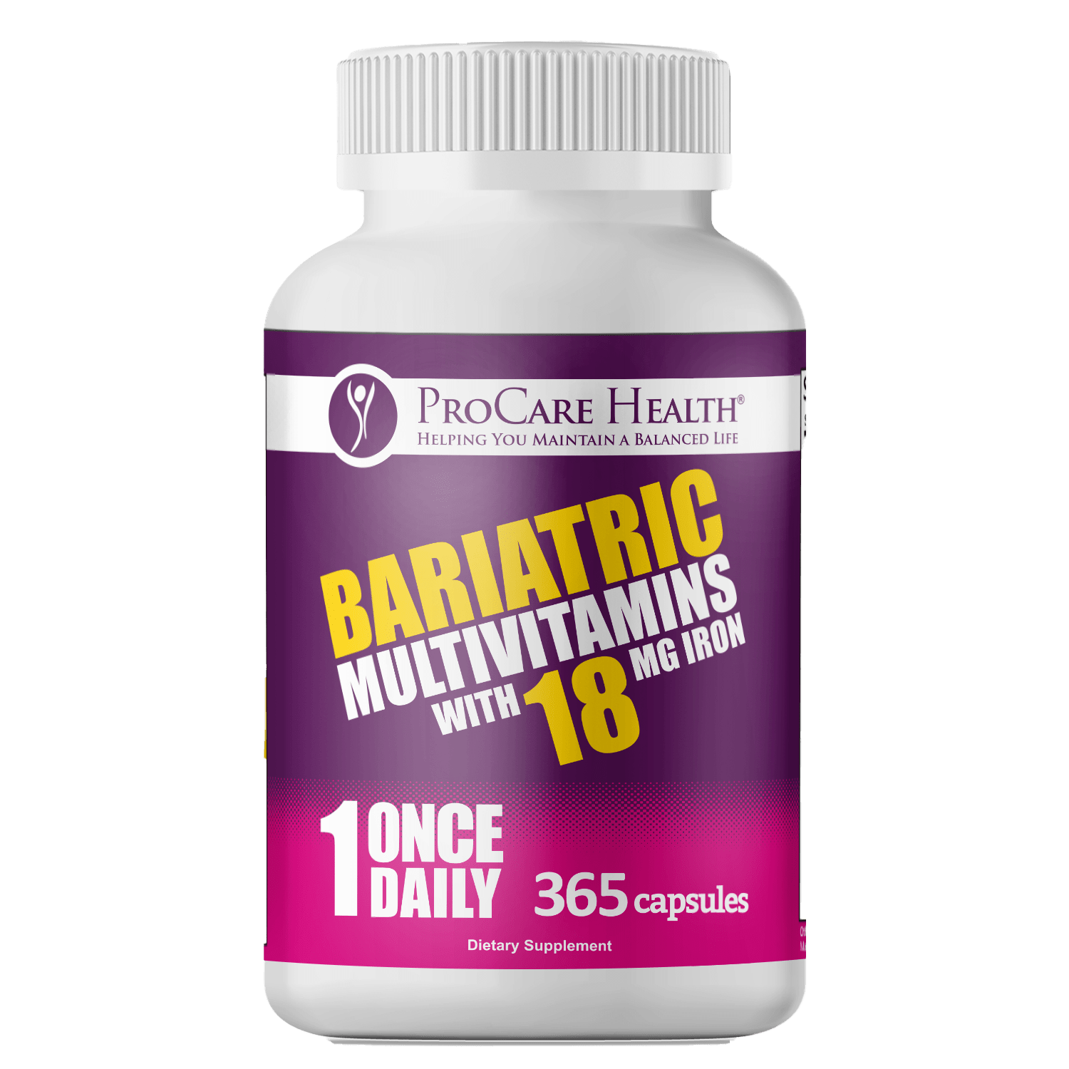 Bariatric Multivitamins with 18 mg Iron in a 365ct bottle of once-daily capsules