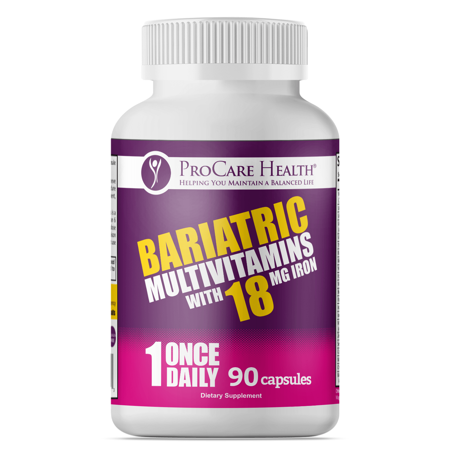 Multivitamin | 18mg Iron | Capsule bottle containing 90 once daily bariatric multivitamins by ProCare Health.
