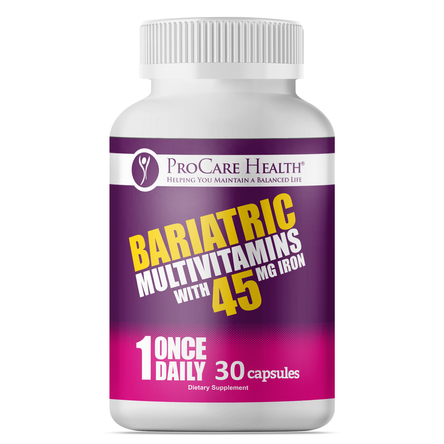 Multivitamin | 45mg Iron | Capsule by ProCare Health, once daily bariatric dietary supplement, 30 capsules.