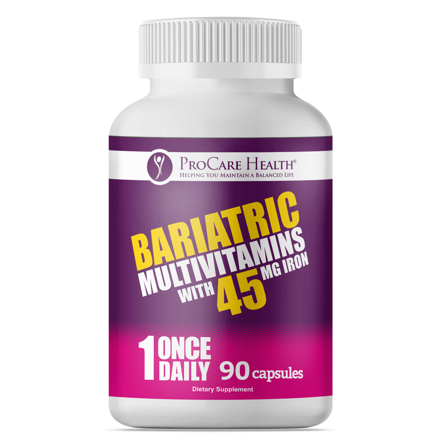 Multivitamin | 45mg Iron | Capsule by ProCare Health, featuring 90 once daily capsules for bariatric wellness.