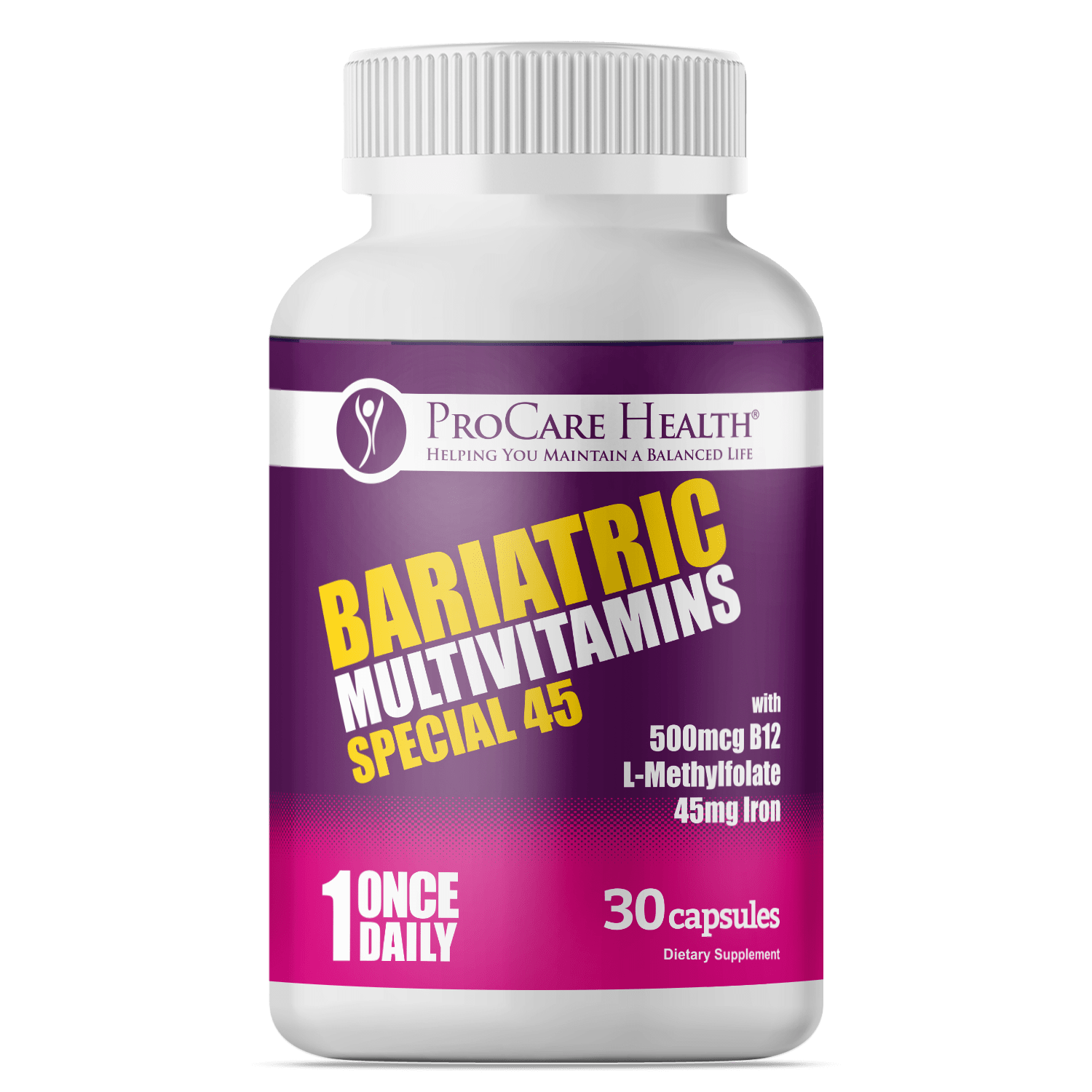 Multivitamin | Special 45 | Capsule, ProCare Health Bariatric Multivitamins with B12, L-Methylfolate, and Iron.