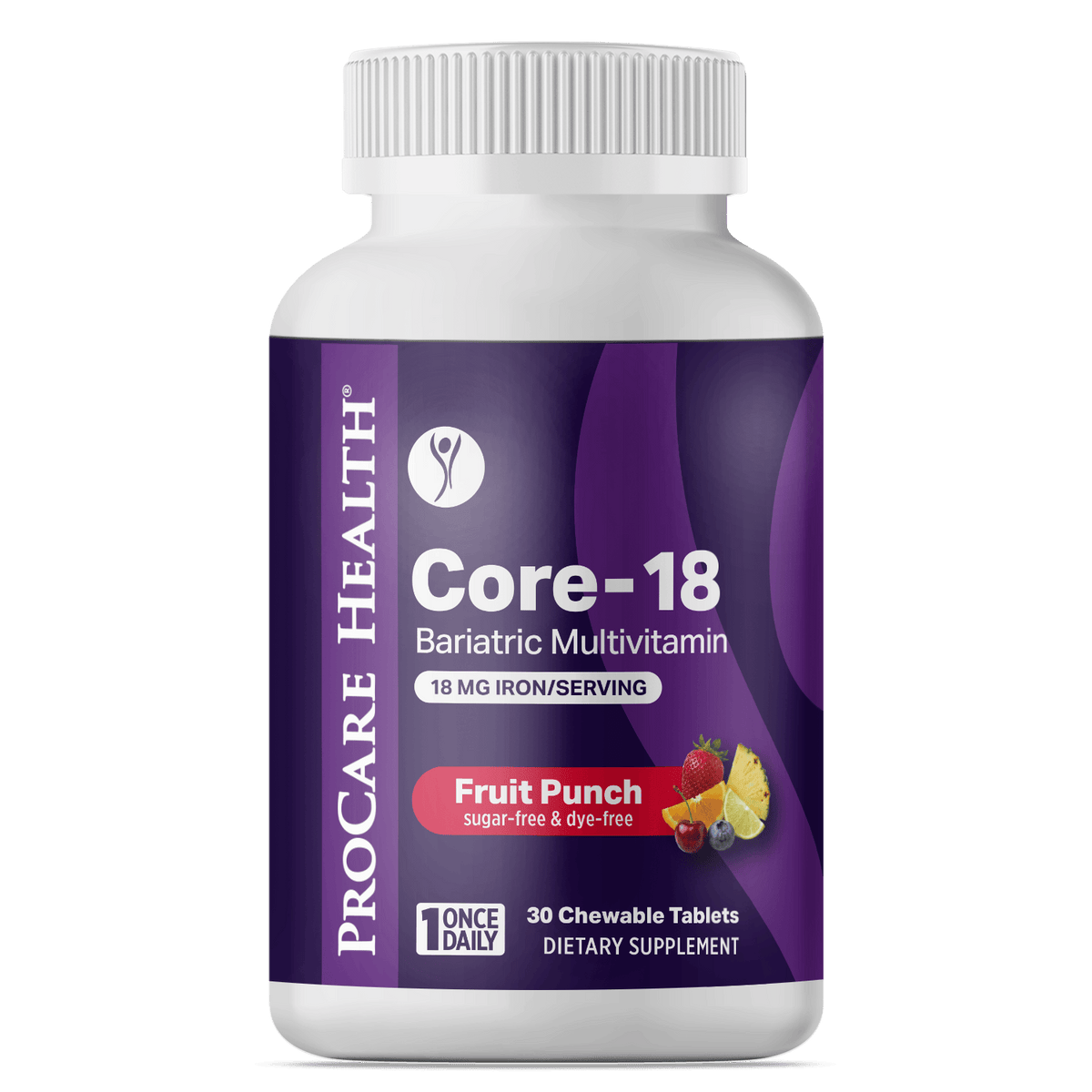 Bottle of ProCare Health Core-18 Bariatric Multivitamin Chewable in Fruit Punch, 30 count
