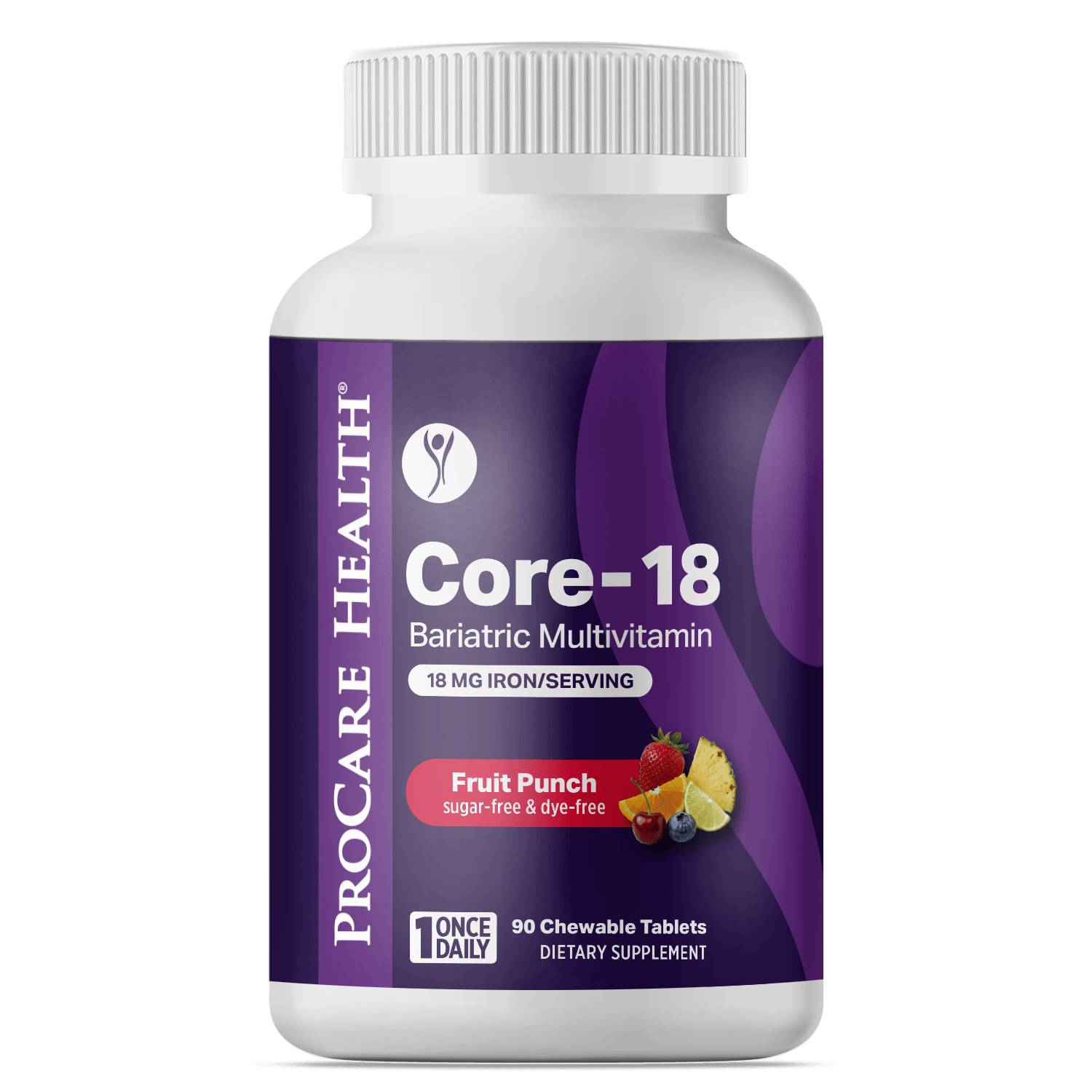 Bottle of ProCare Health Core-18 Bariatric Multivitamin in Fruit Punch Flavor