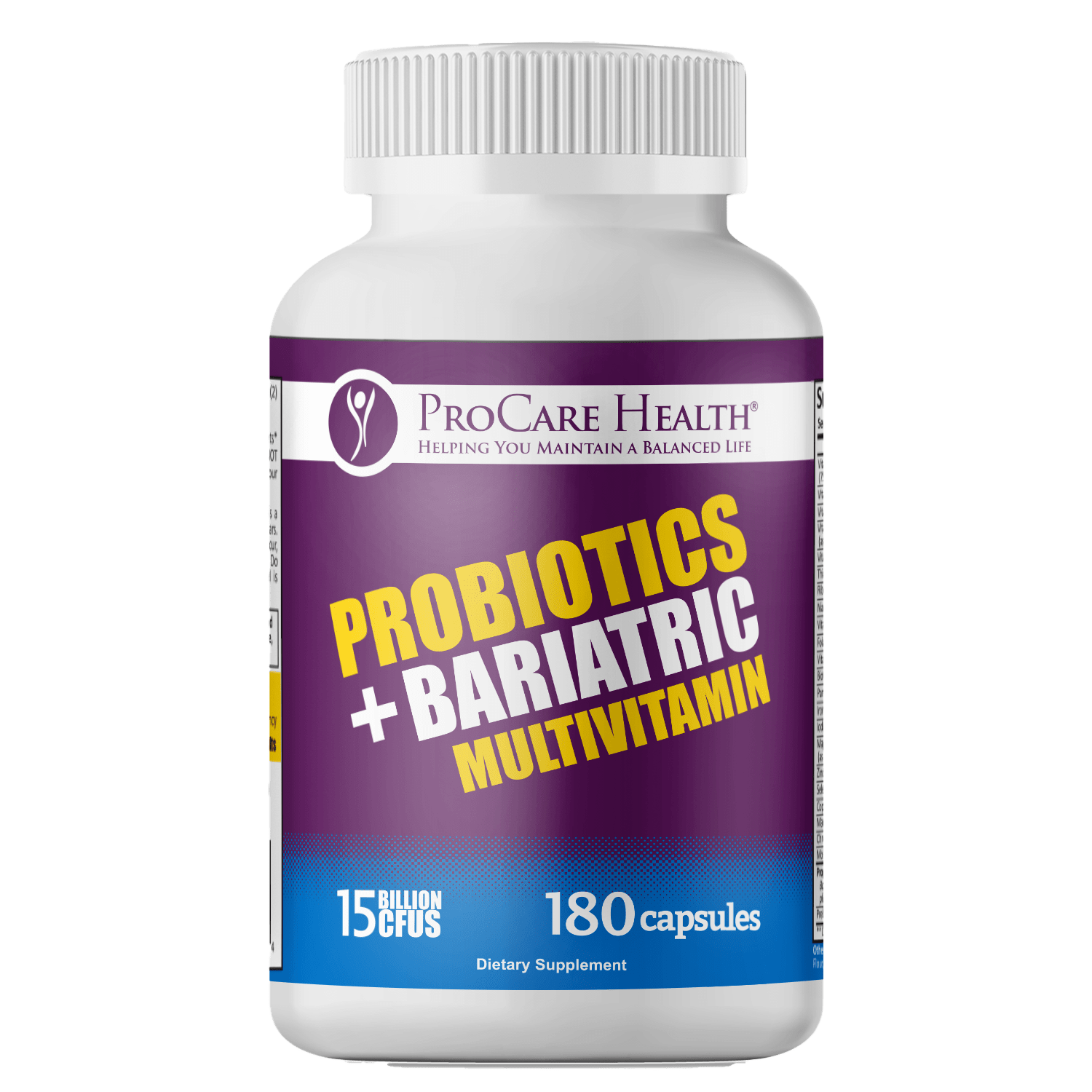 Probiotics + Bariatric Multivitamin 180 ct bottle of capsules with 15 billion CFU