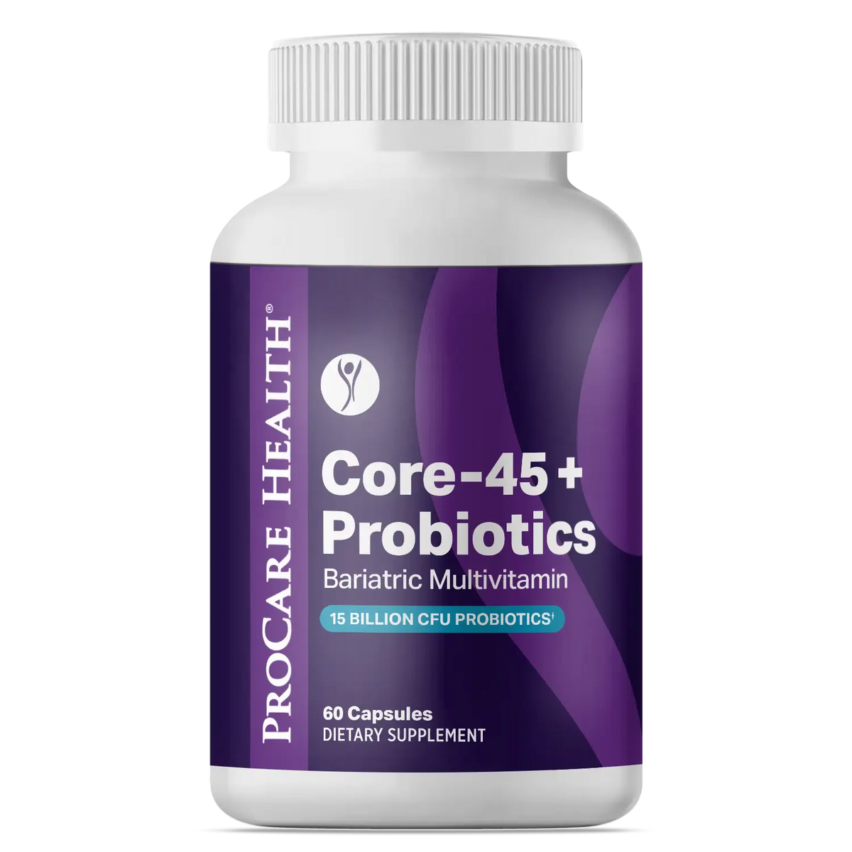 A white plastic bottle of ProCare Health Core-45+ Probiotics bariatric Multivitamin 60 ct capsules