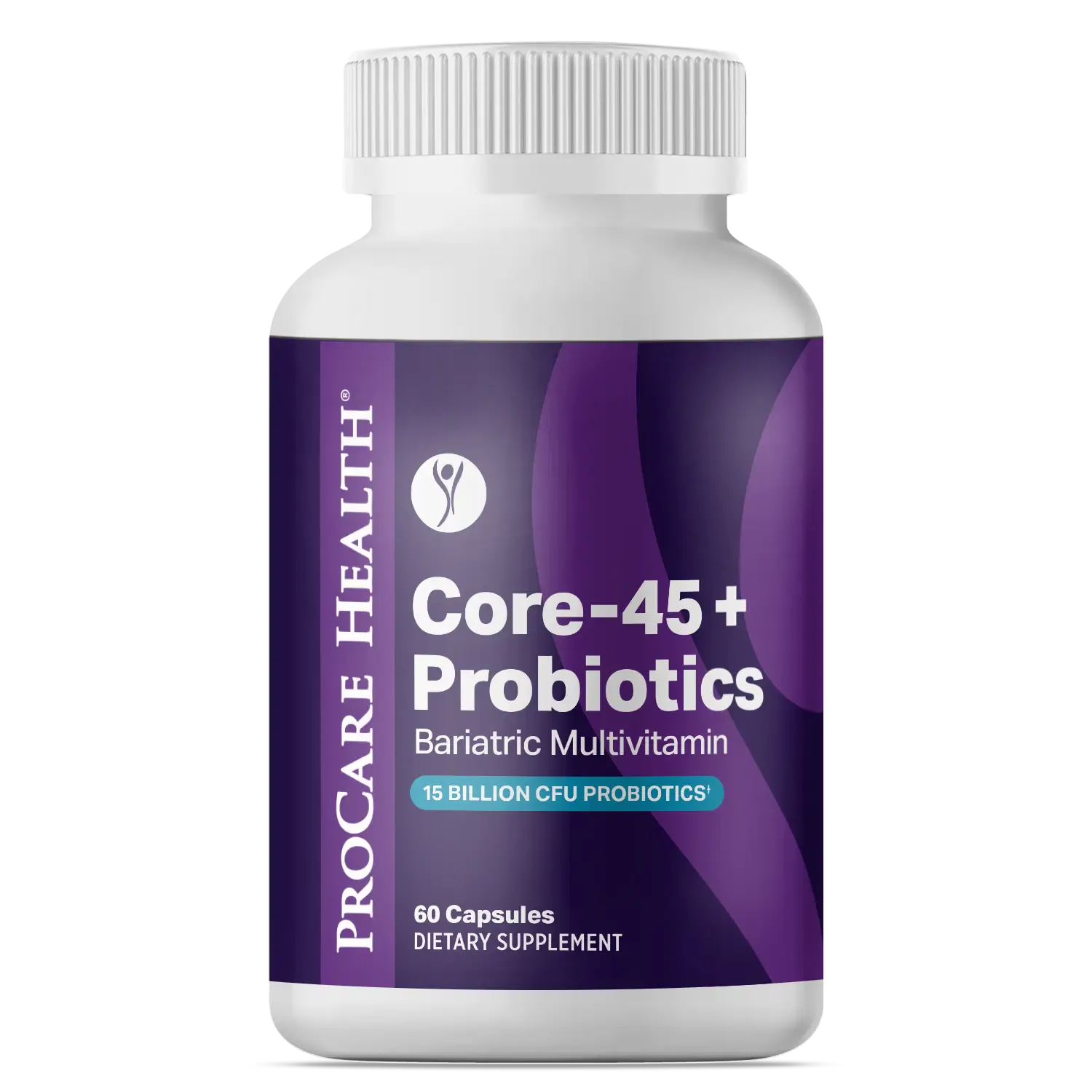 A white plastic bottle of ProCare Health Core-45+ Probiotics bariatric Multivitamin 60 ct capsules