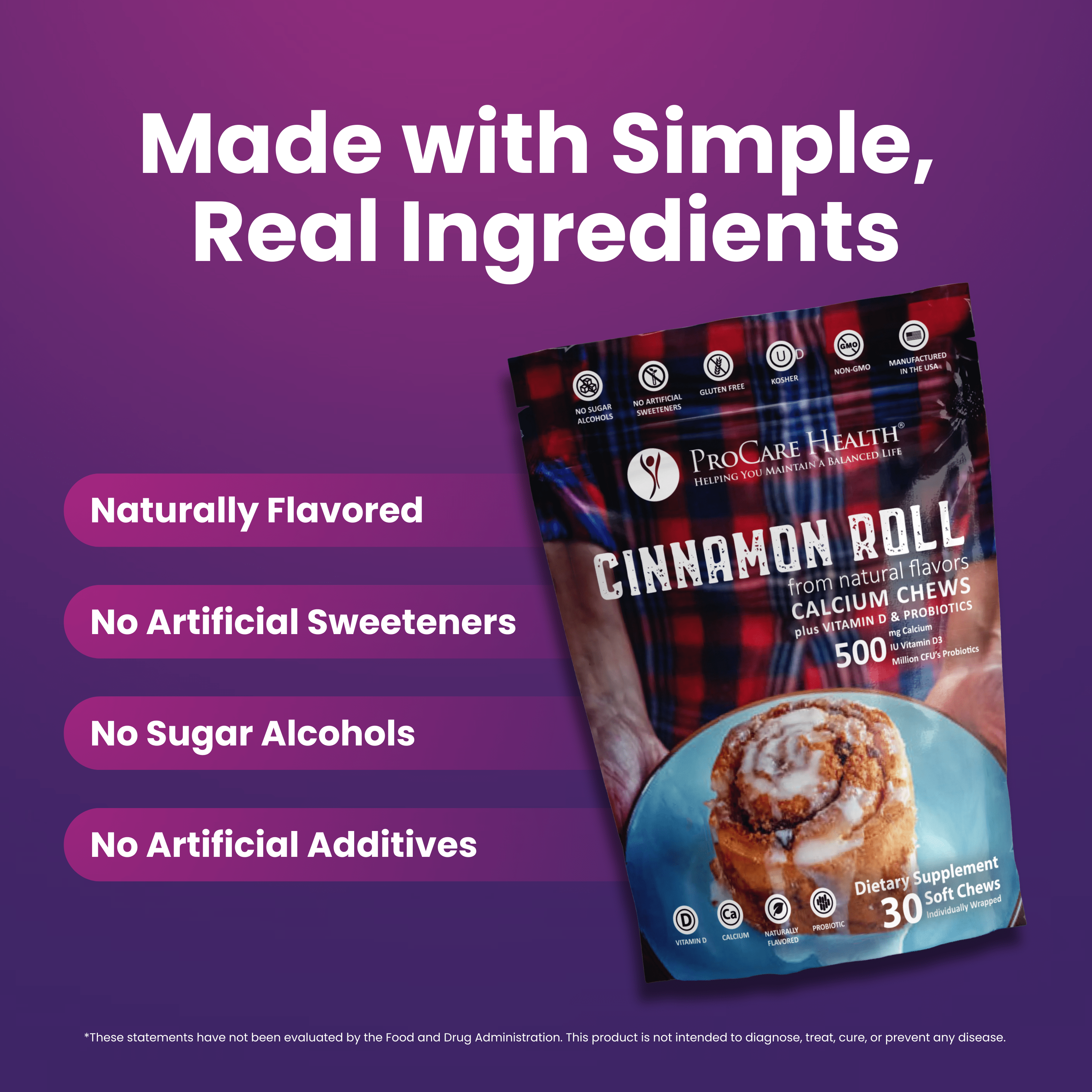 Calcium Soft Chew | Cinnamon Roll packaging highlighting natural ingredients and benefits of bariatric calcium chews.
