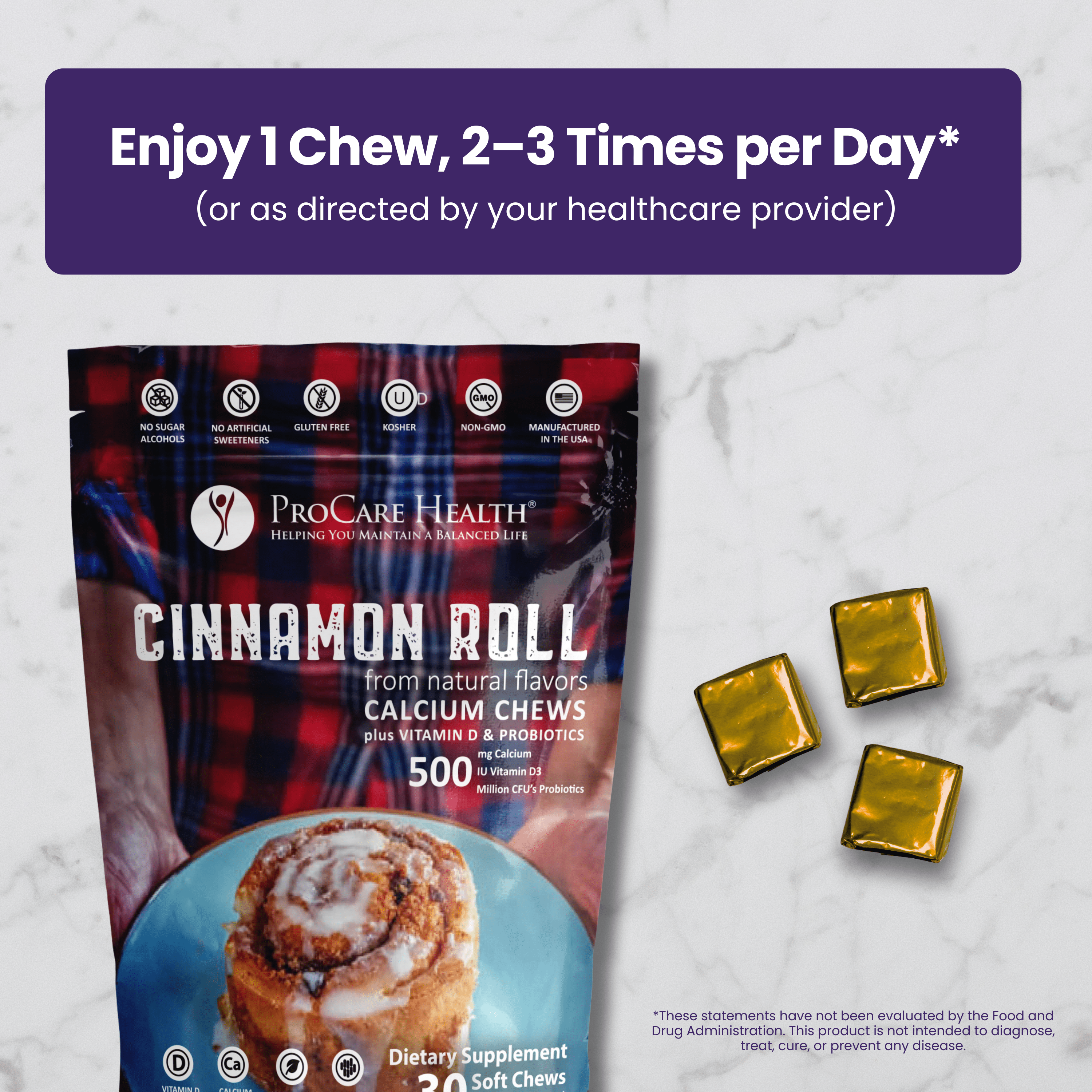 Calcium Soft Chew | Cinnamon Roll packaging with soft chews, perfect for bariatric calcium supplements.