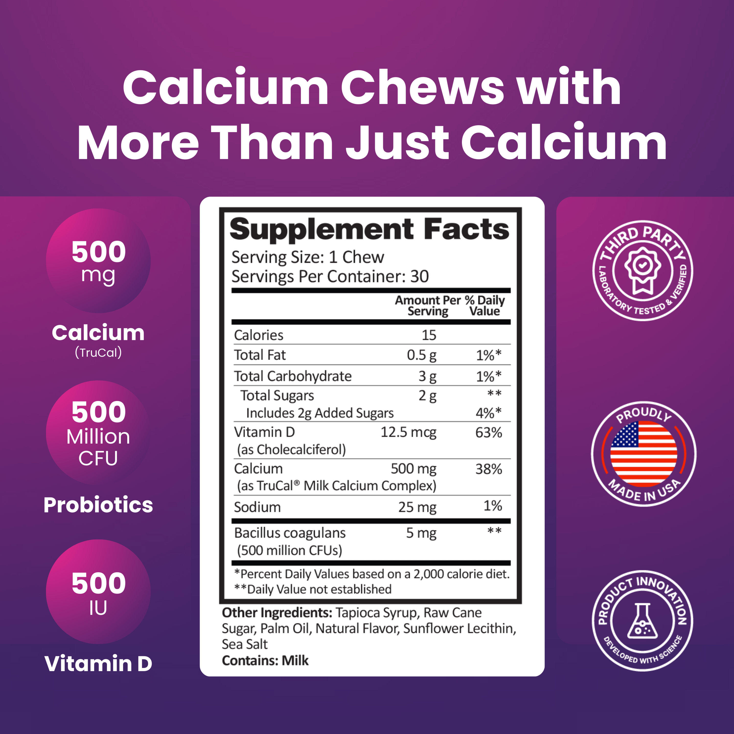 Calcium Soft Chew | Cinnamon Roll supplement facts including calcium, probiotics, and vitamin D in a visually appealing design.