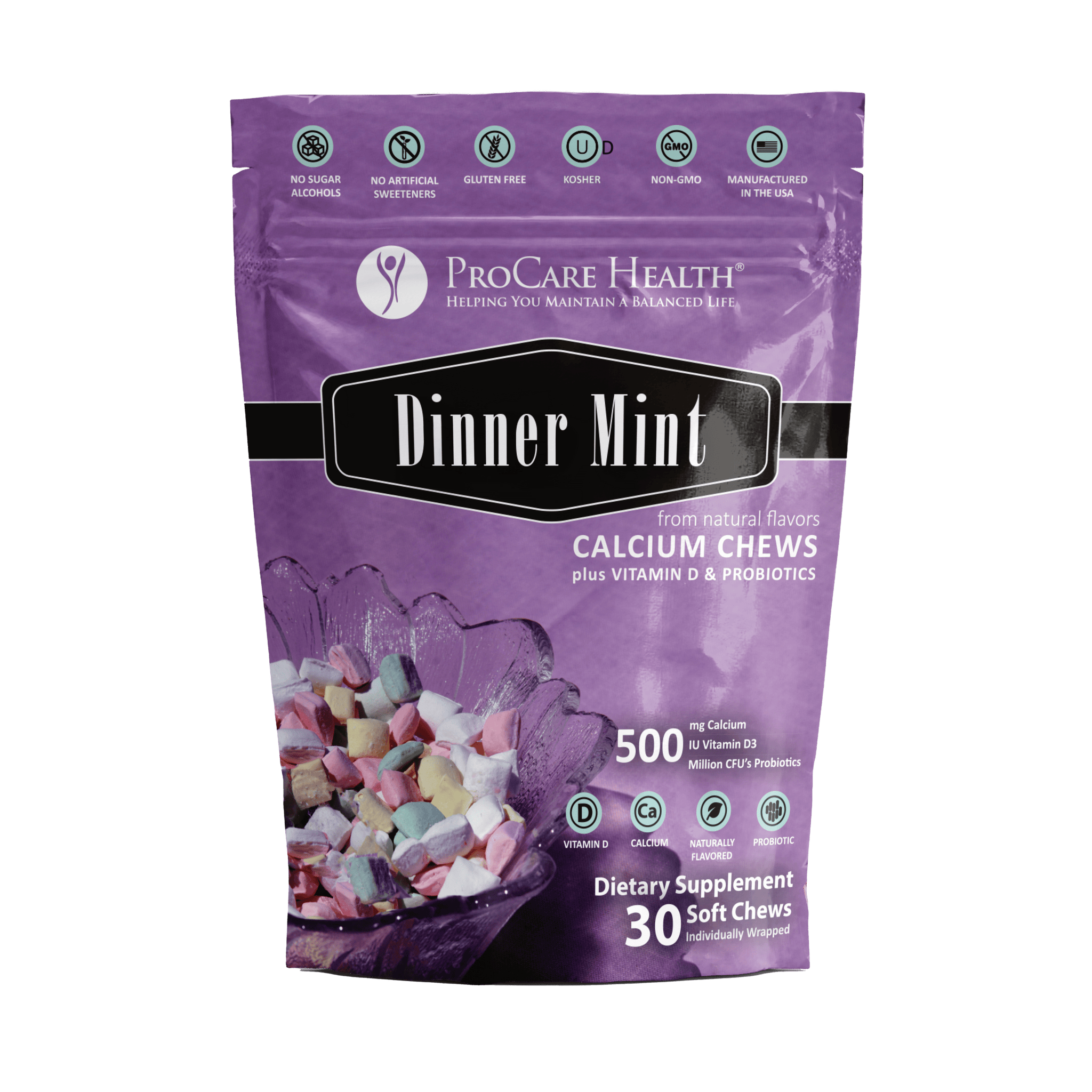 Calcium Soft Chew | Dinner Mint in a vibrant purple bag, featuring 30 soft chews, bariatric calcium supplements.