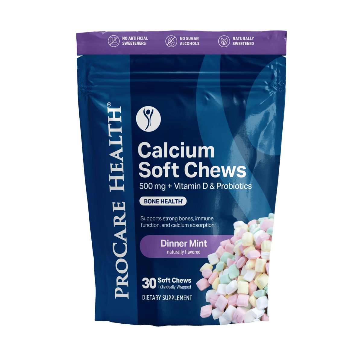Calcium Soft Chew | Dinner Mint in a vibrant purple bag, featuring 30 soft chews, bariatric calcium supplements.