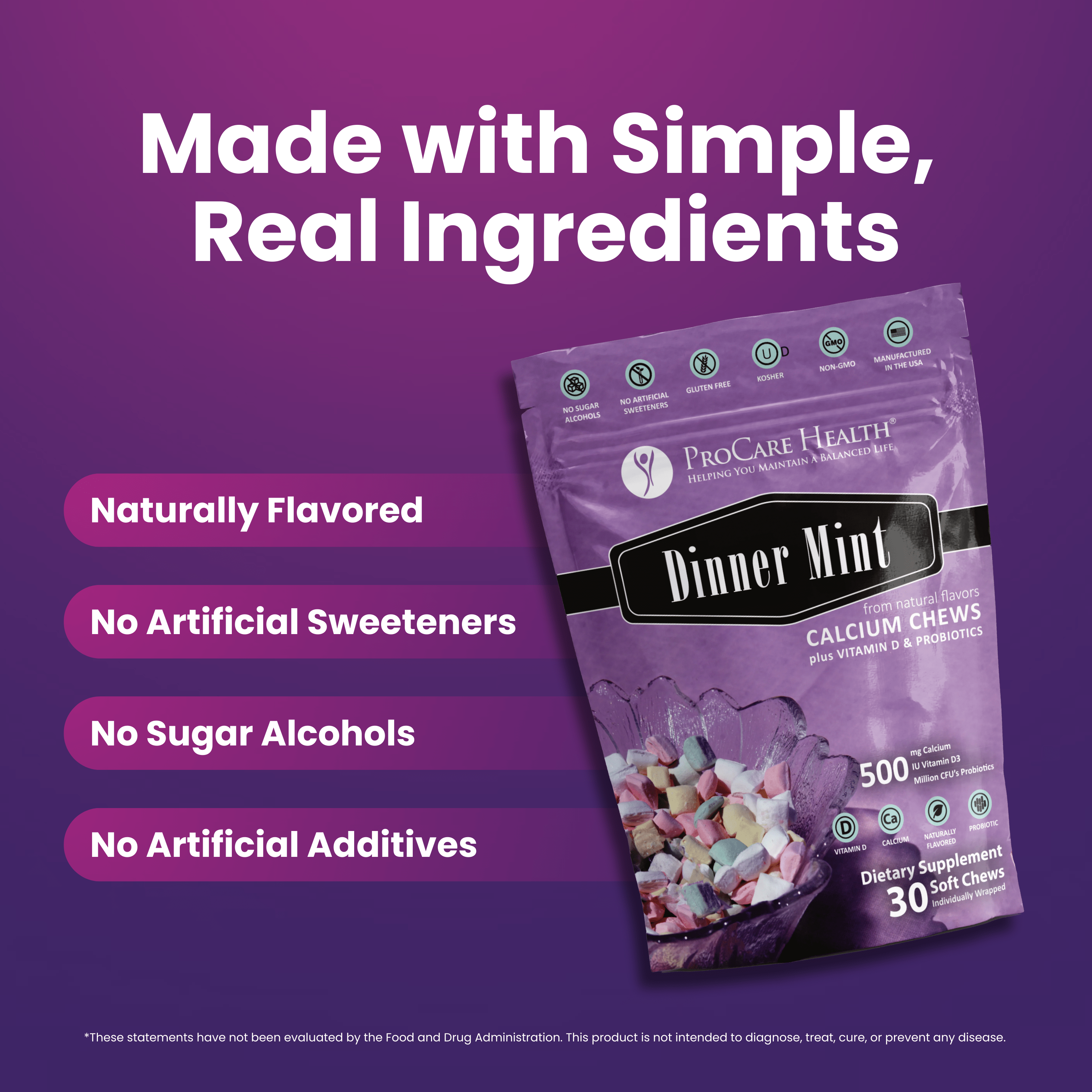 Dinner Mint Calcium Soft Chew | Dinner Mint packaging showcasing real ingredients and health benefits.