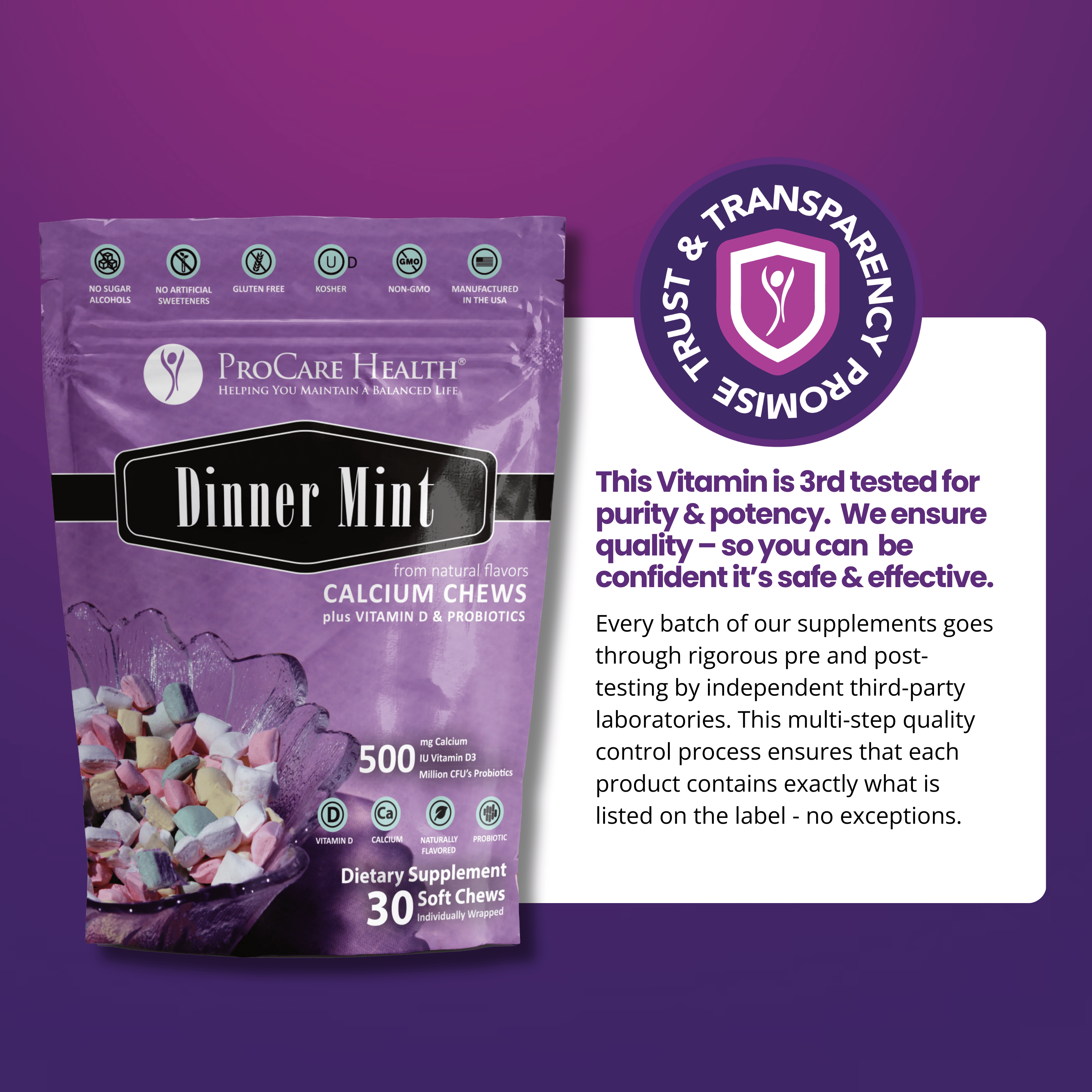Calcium Soft Chew | Dinner Mint soft chews in a purple bag, promoting bariatric calcium supplements with quality assurance.