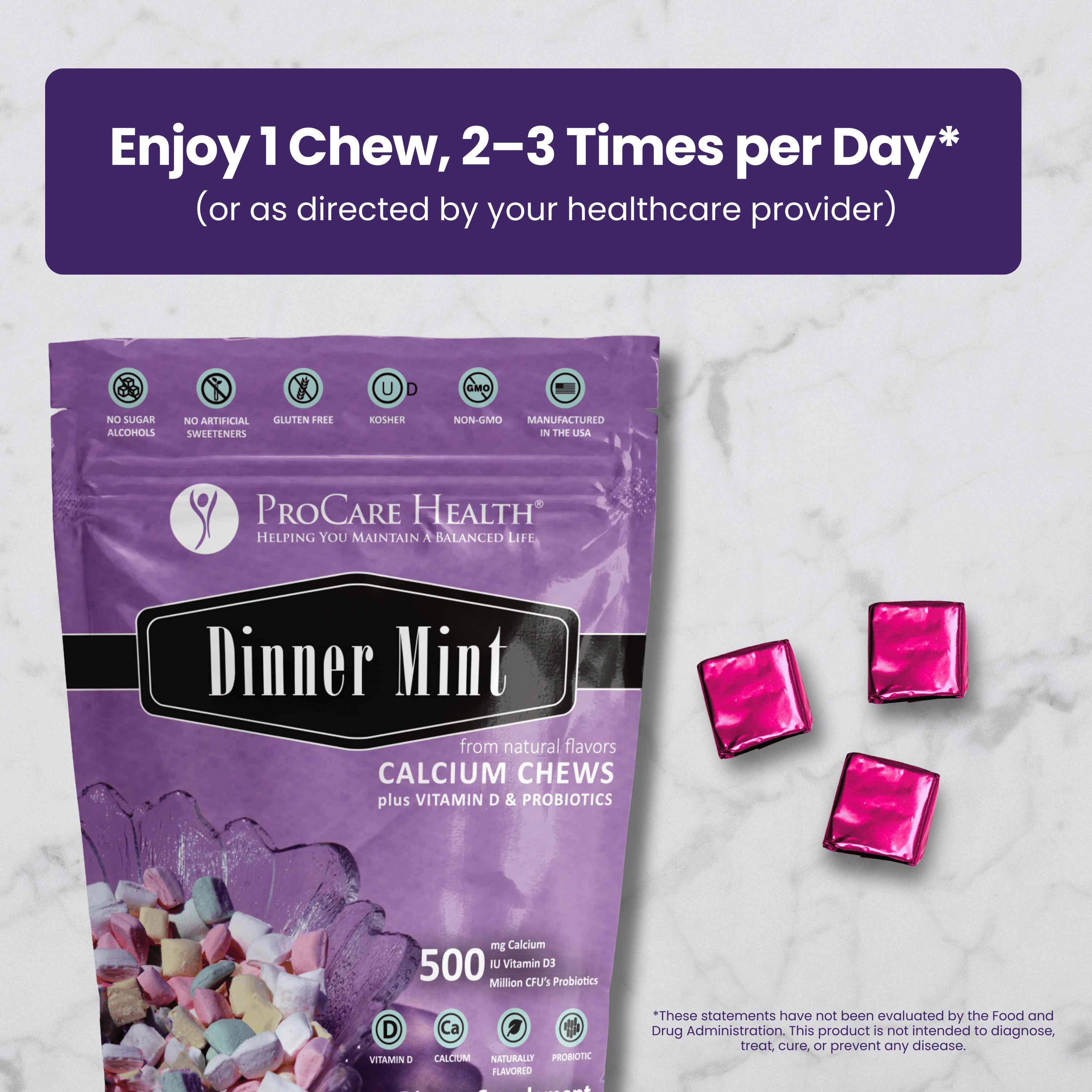 Calcium Soft Chew | Dinner Mint packaging with chewable pieces, promoting bariatric calcium supplements.