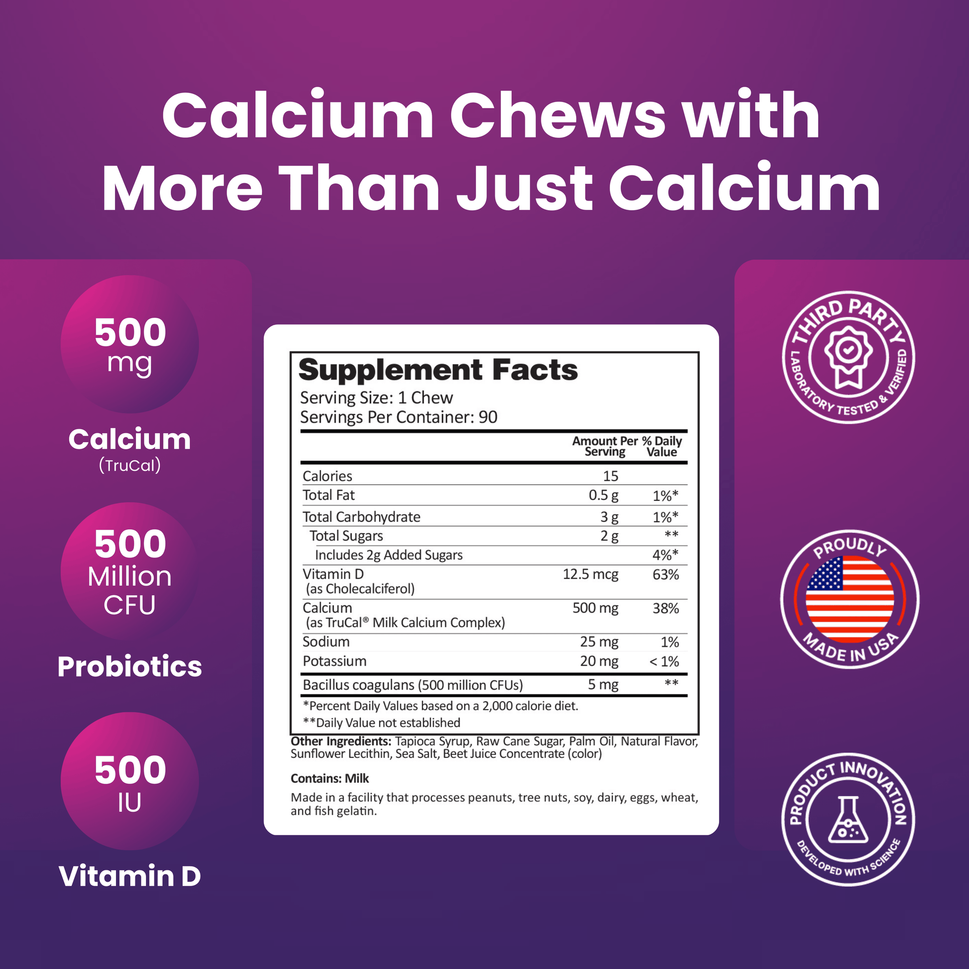 Calcium Soft Chew | Dinner Mint supplement facts with probiotics and vitamin D; 90 count chew packaging.