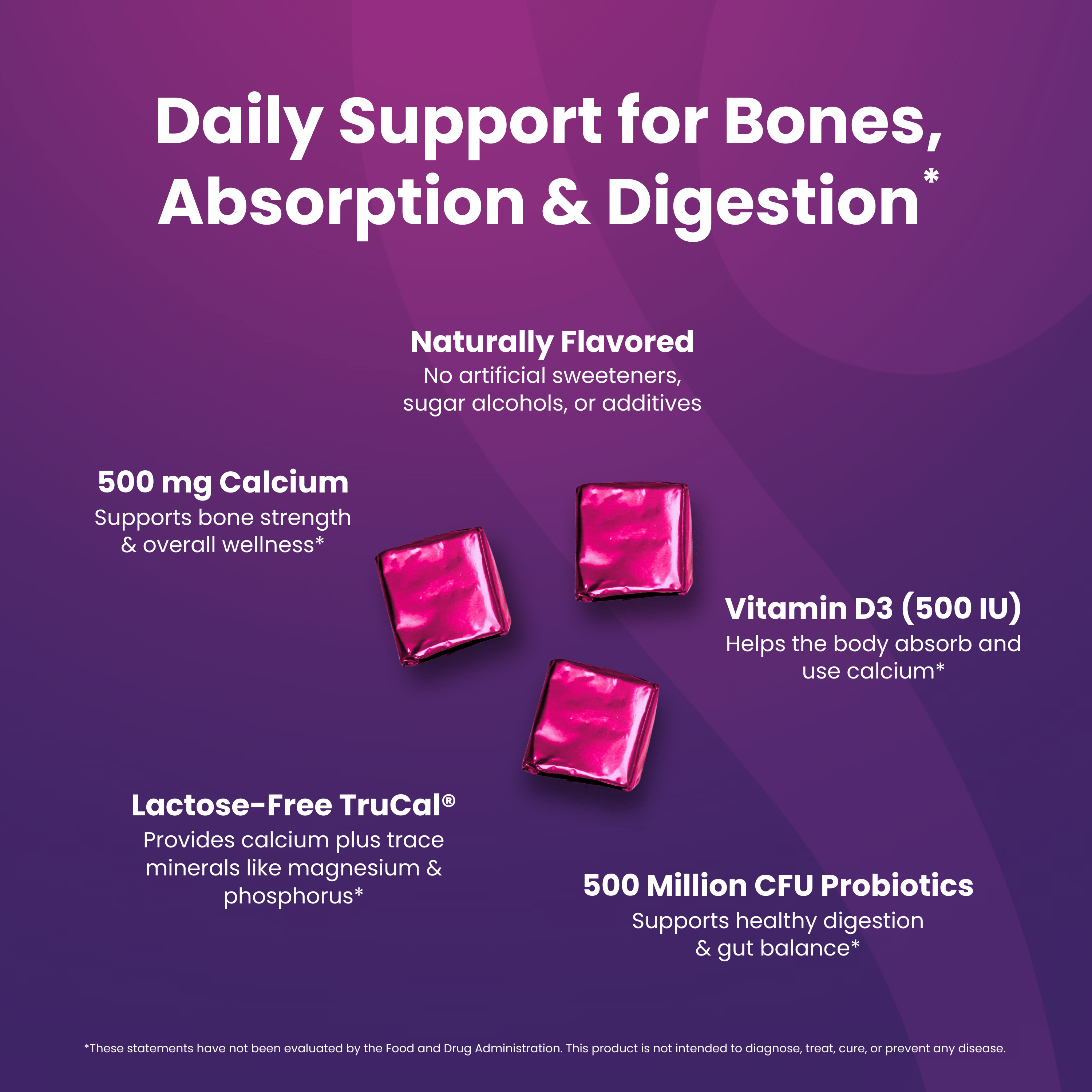 Calcium Soft Chew | Dinner Mint graphic highlighting ingredients for bone health and digestion support