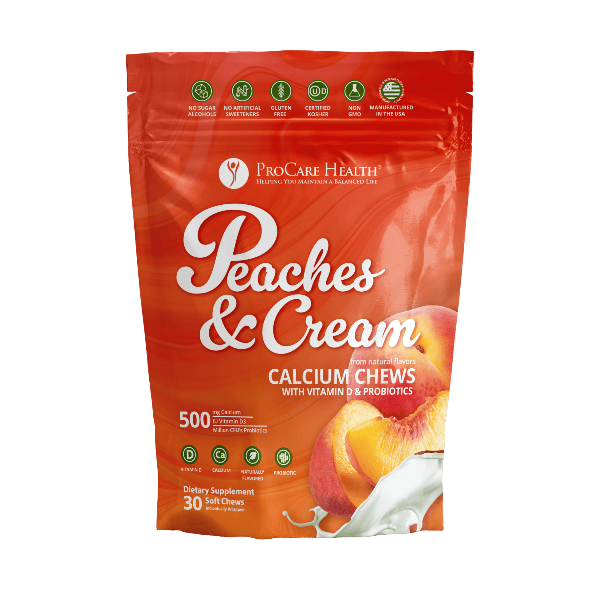 ProCare Health Peaches & Cream Calcium Chews packaging on a white background