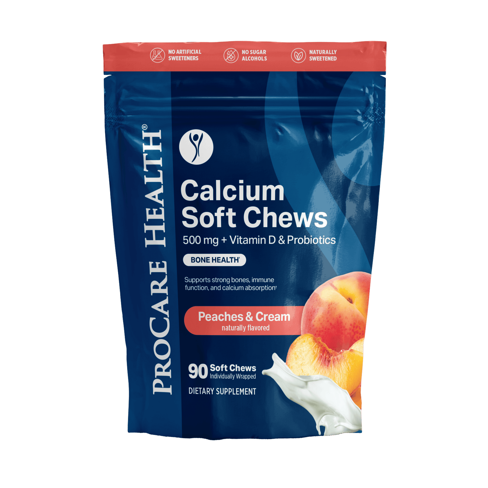 Peaches & Cream Calcium Chews in a 90 count pouch package.