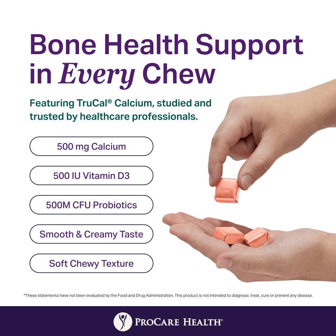ProCare Health's Peaches & Cream Calcium Soft Chews with text about bone health support and product features.