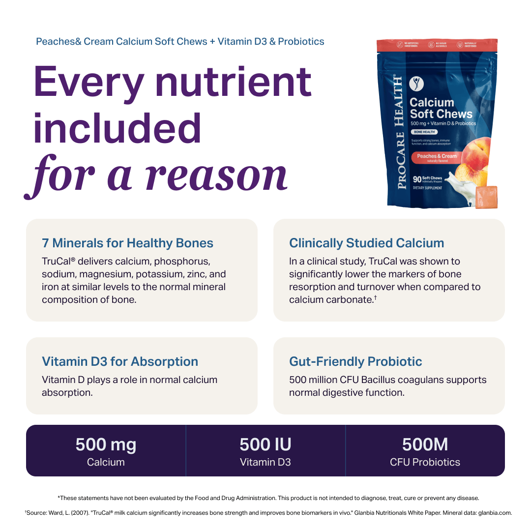 ProCare Health Calcium Peaches & Cream Soft Chews packaging with product details on a white background