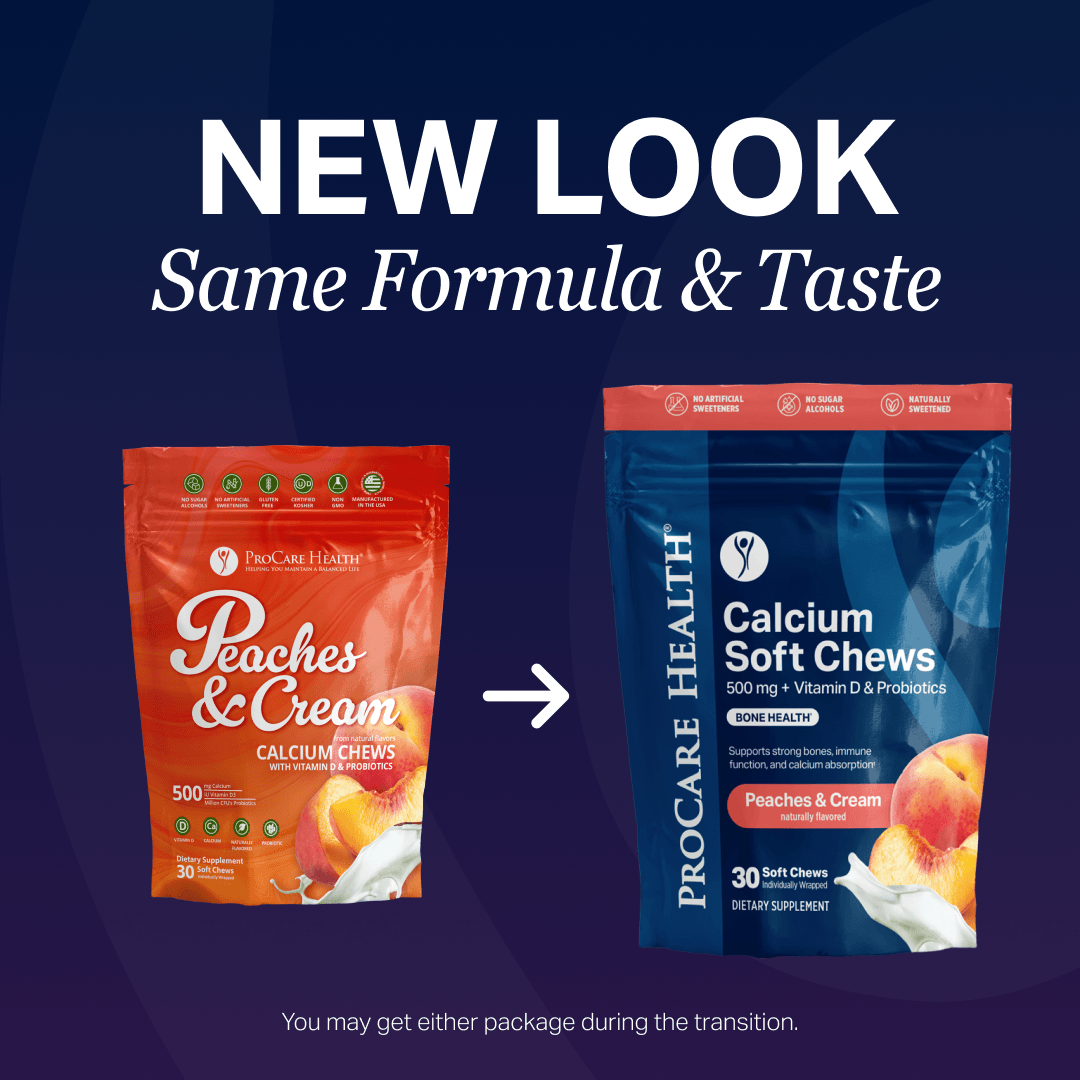 Two packages of ProCare Health Peaches & Cream Calcium Soft Chews with text indicating a new look but same formula and taste.