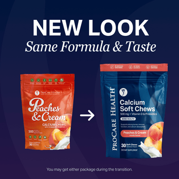 Two packages of ProCare Health Peaches & Cream Calcium Soft Chews with text indicating a new look but same formula and taste.