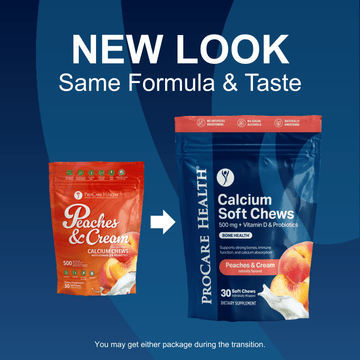 Peaches and Cream Calcium Chews showing the old orange packaging and the new navy packaging