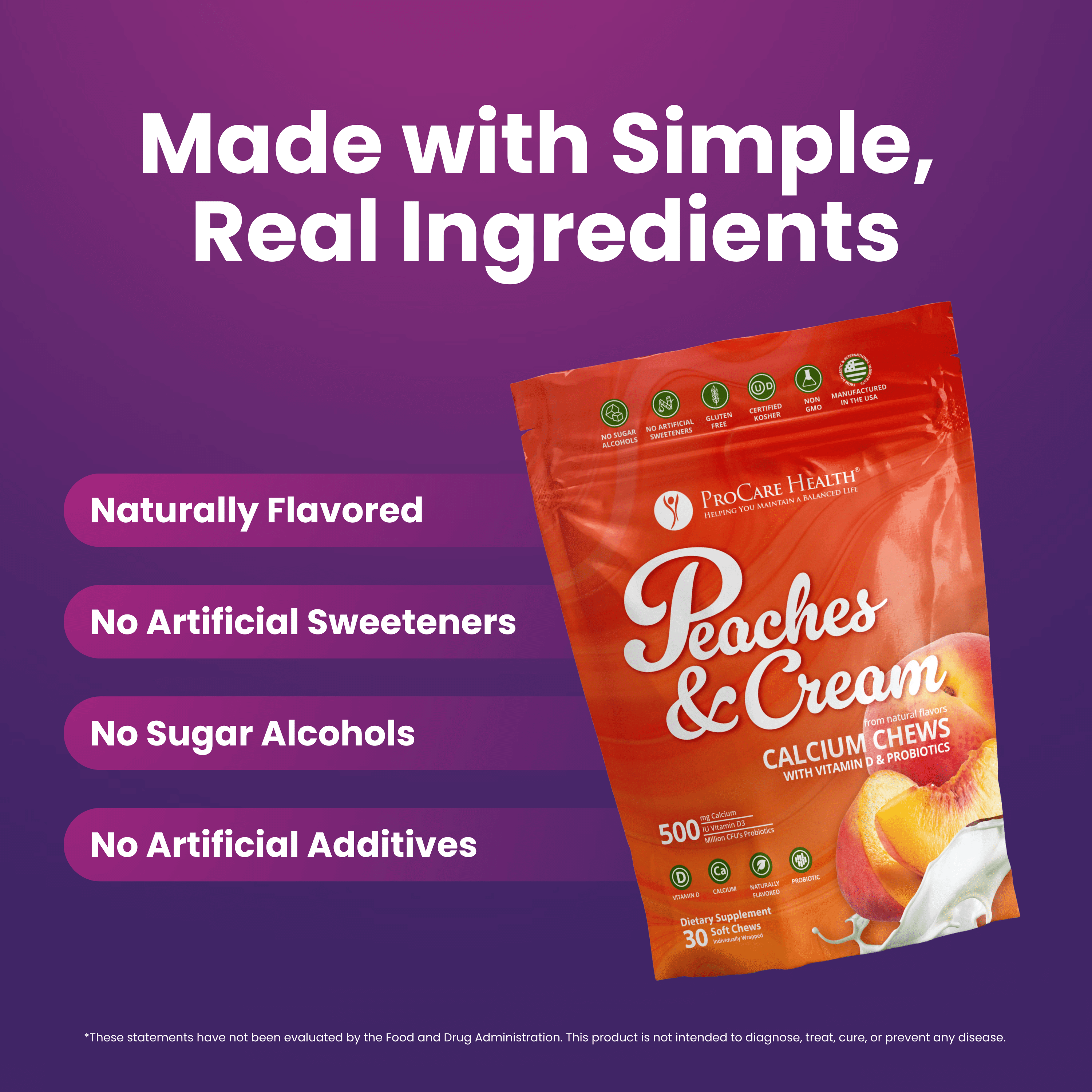 Calcium Soft Chew | Peaches & Cream packaging highlighting simple ingredients and health benefits.