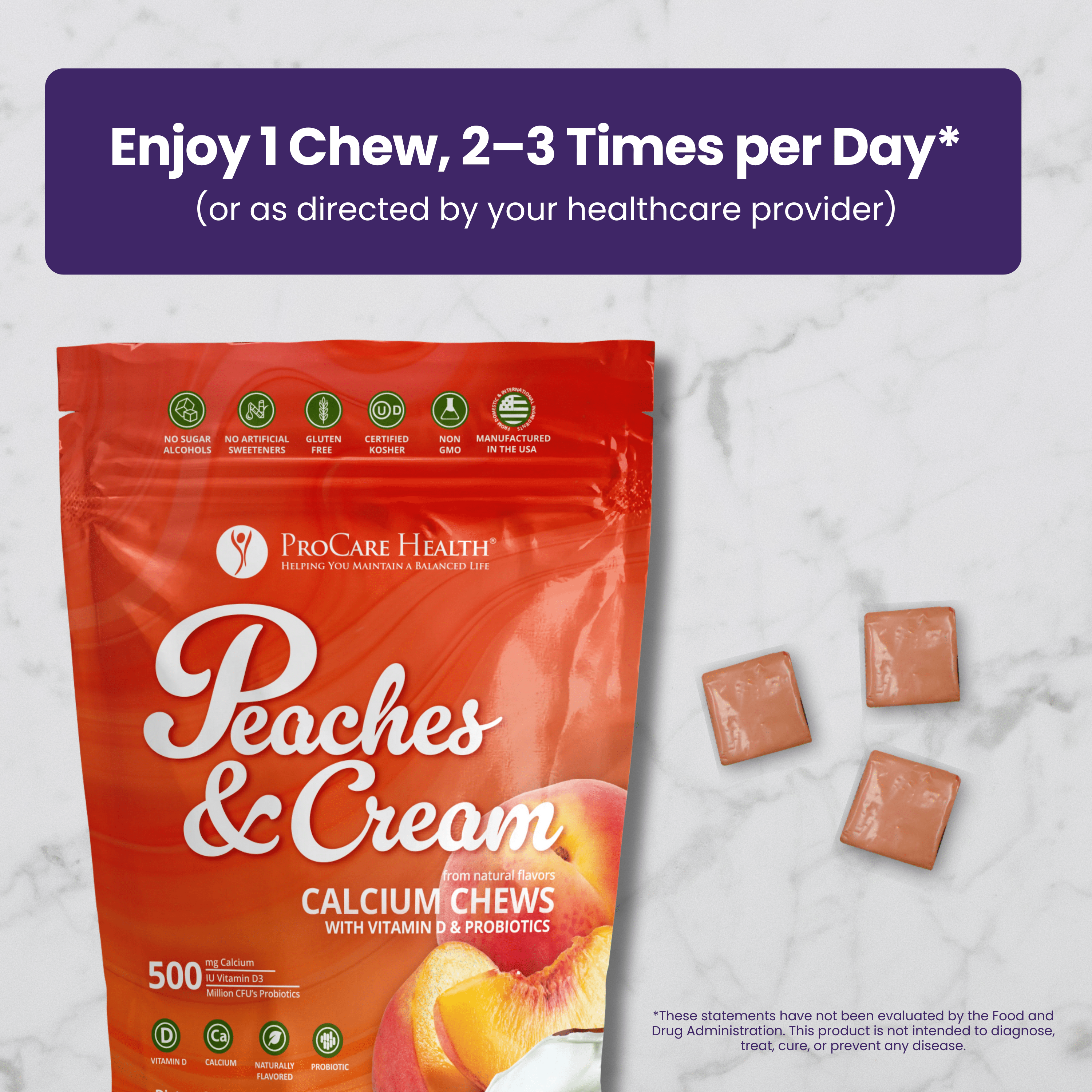 Calcium Soft Chew | Peaches & Cream packaging with chews, dietary supplement for calcium support.