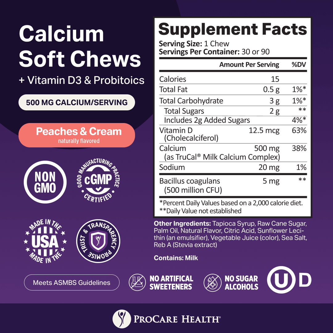 Supplement facts label for Peaches & Cream Calcium Soft Chews with Vitamin D3 and Probiotics on a purple background.
