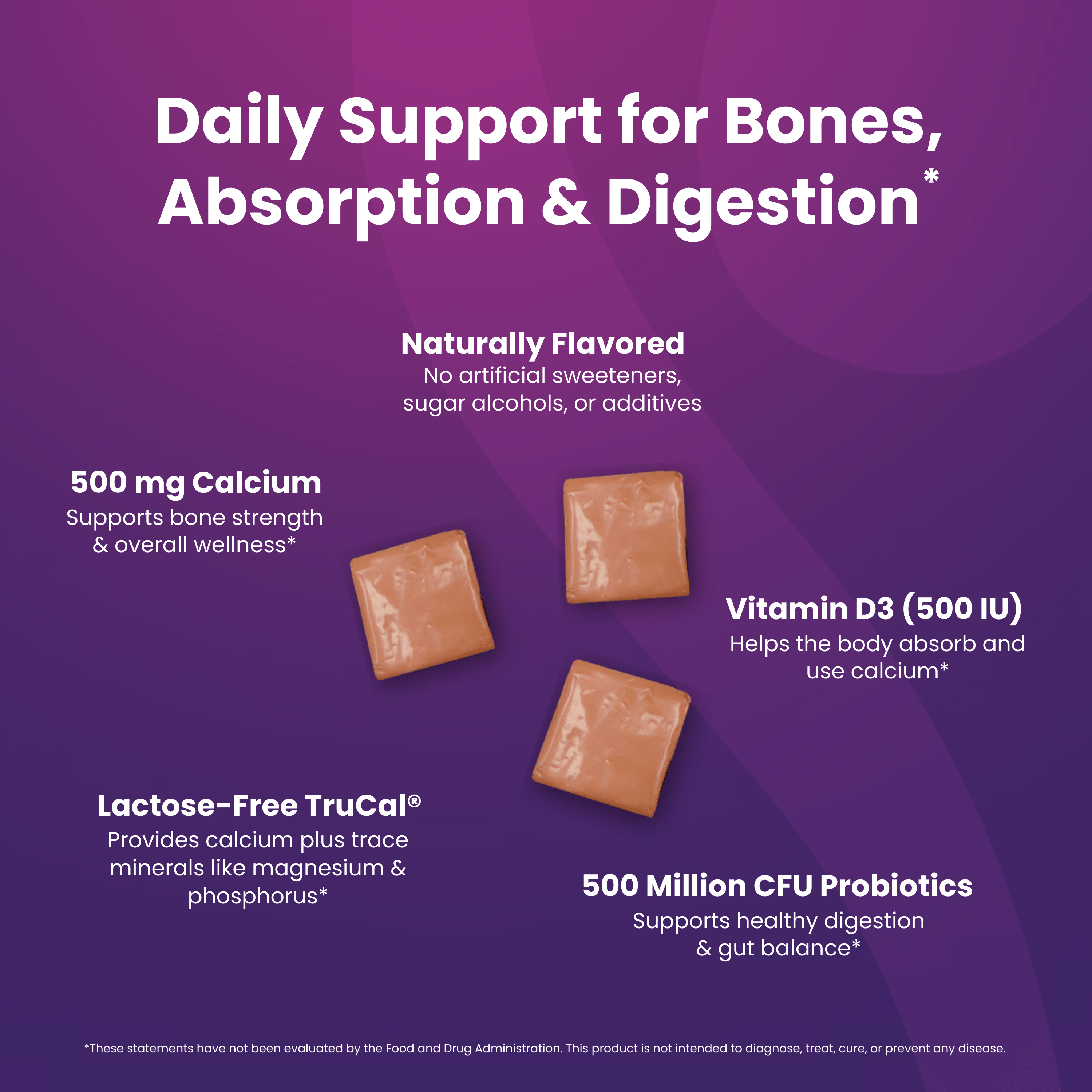 Calcium Soft Chew | Peaches & Cream packaging showcasing nutritional benefits and supporting bone health