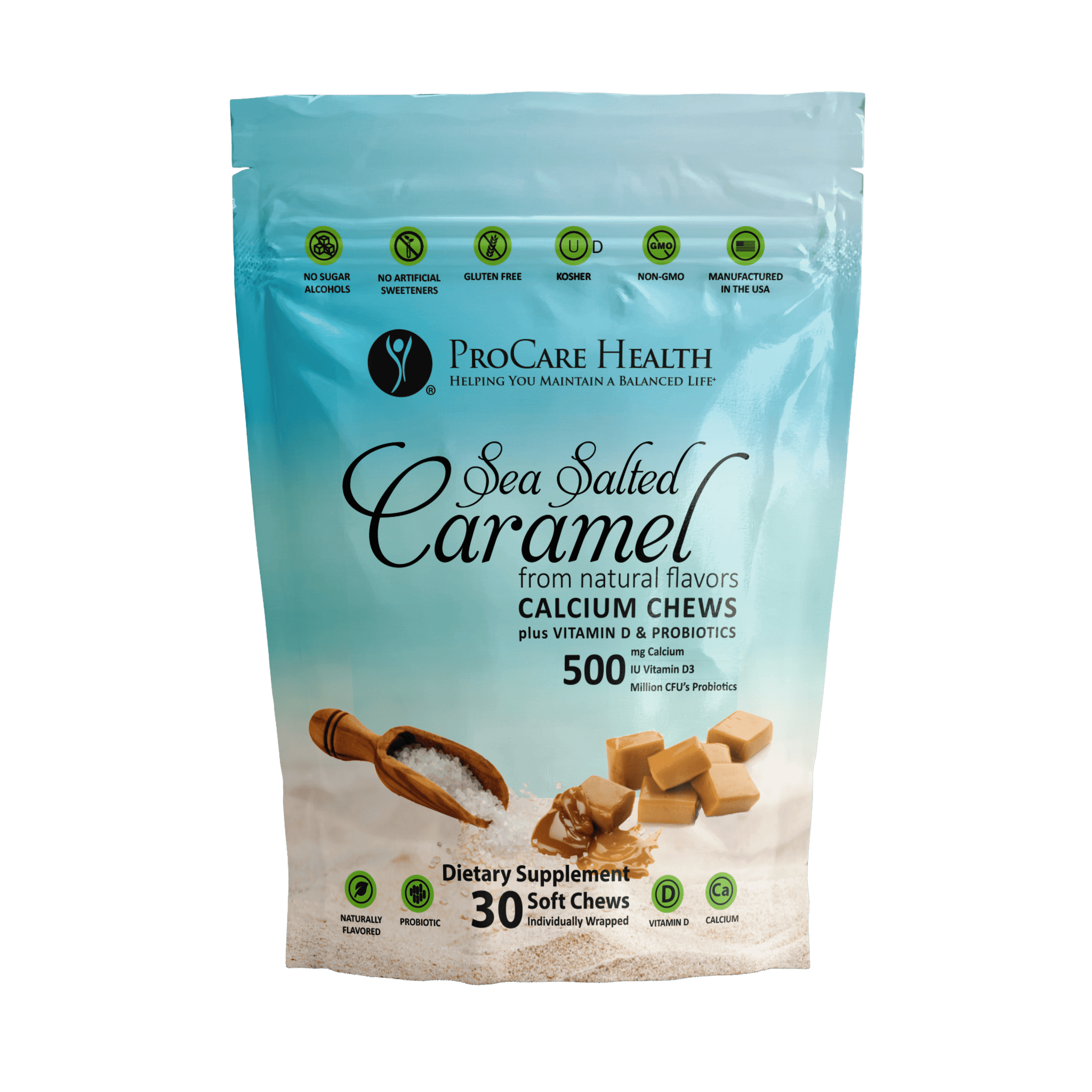 Calcium Chew | Sea Salted Caramel - Sea Salted Caramel Calcium Soft Chews, 30 count bag, dietary supplement.