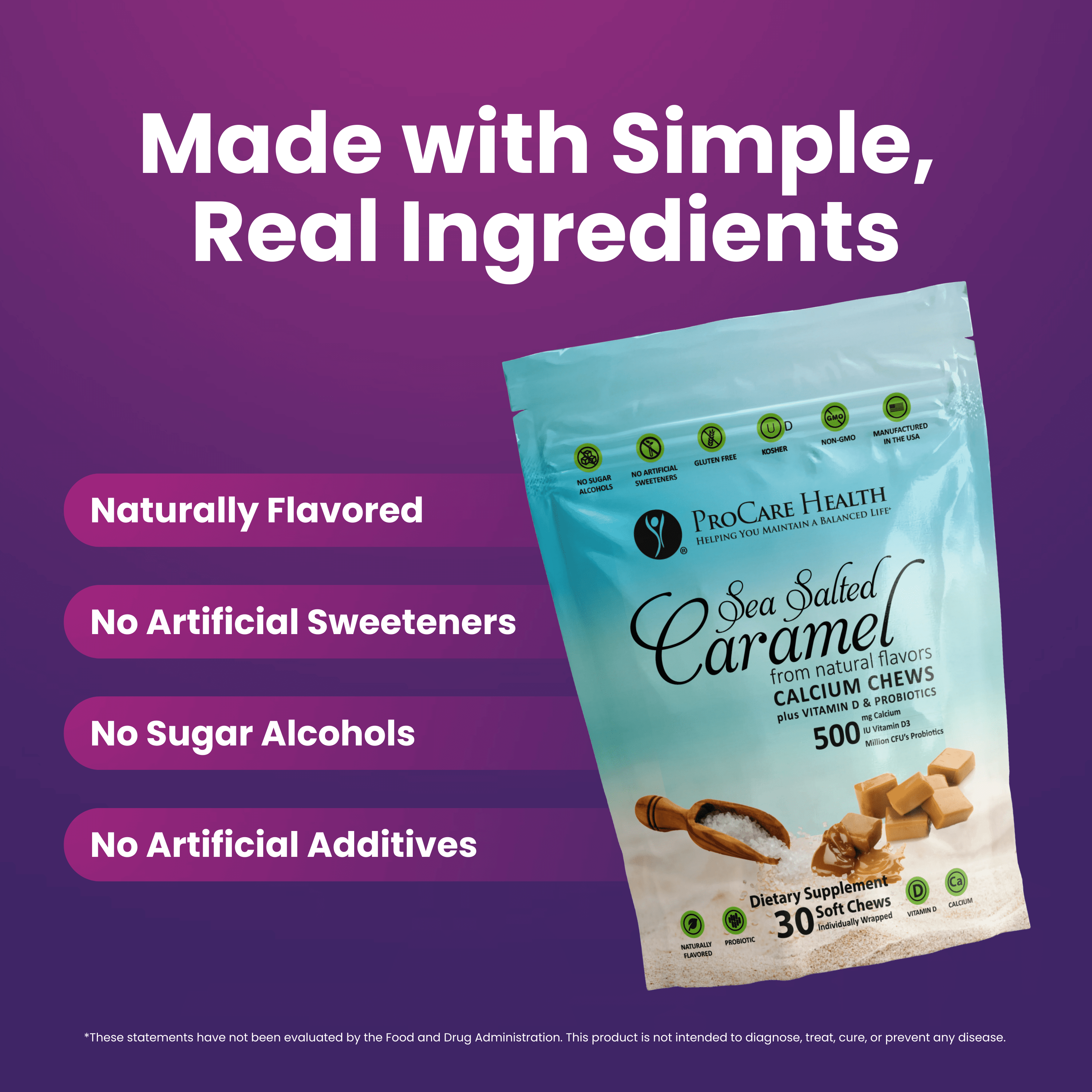 Calcium Chew | Sea Salted Caramel packaging highlighting simple, real ingredients and key benefits.