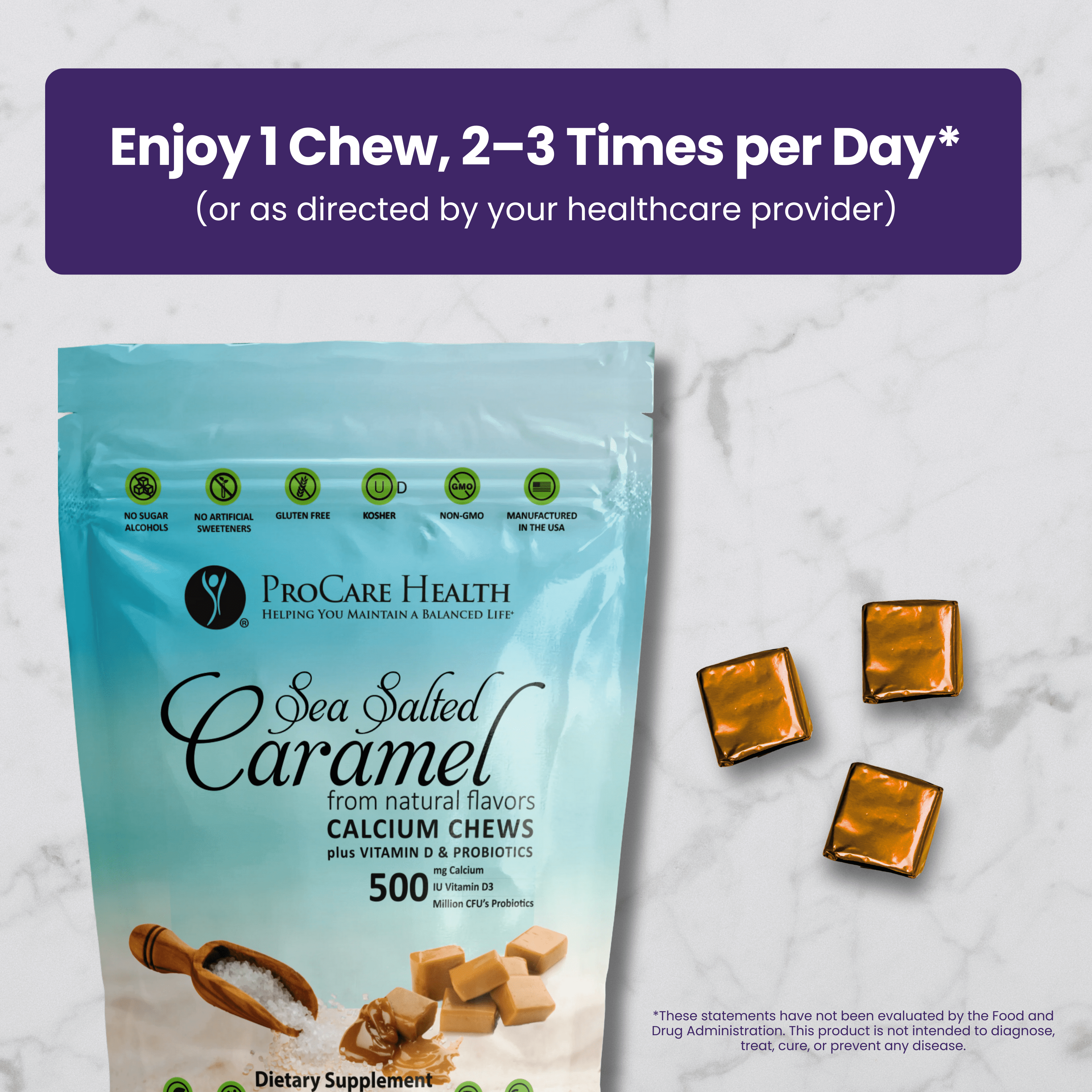 Calcium Chew | Sea Salted Caramel packaging with soft chews on marble background.