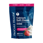 Calcium Soft Chew | Strawberry Swirl packaging with nutrition information and strawberries.
