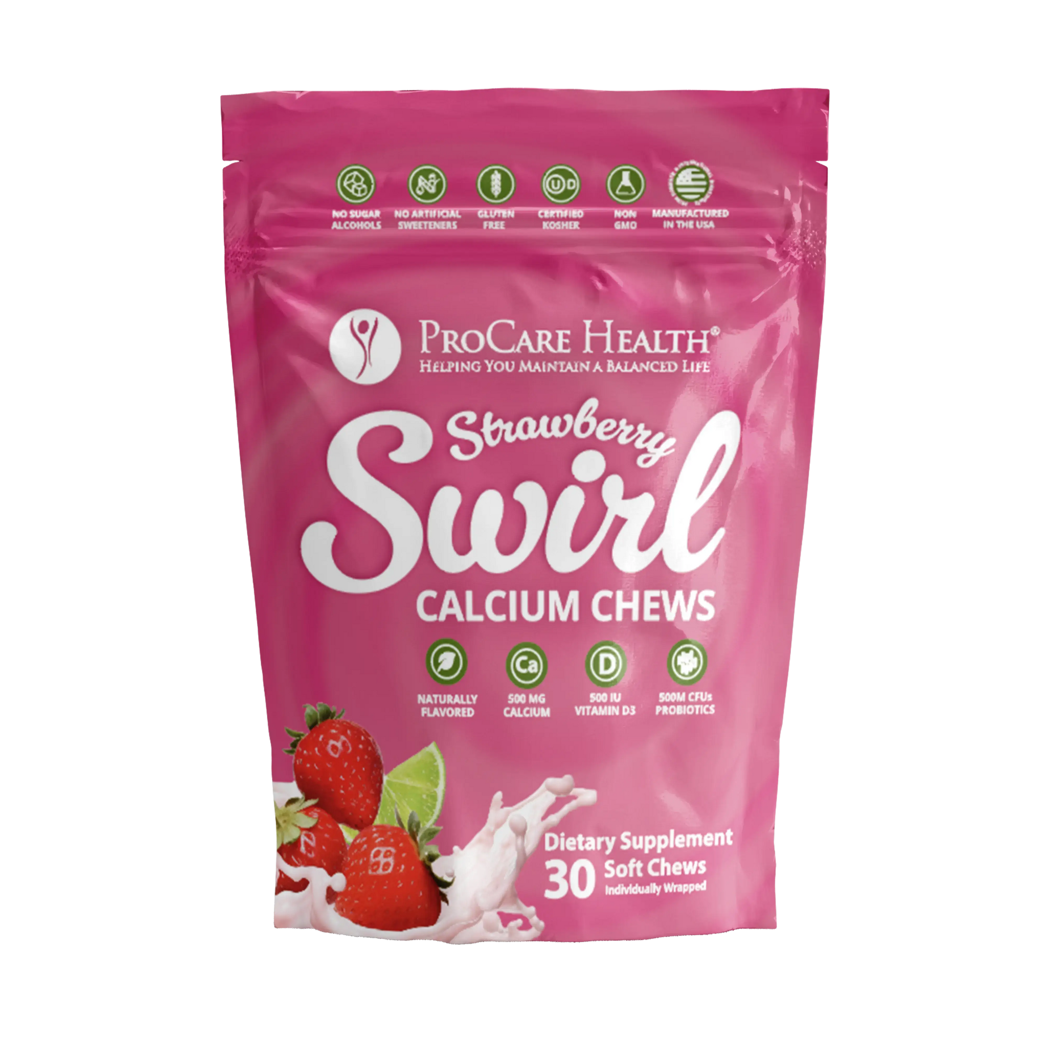 Calcium Soft Chew | Strawberry Swirl packaging with nutrition information and strawberries.