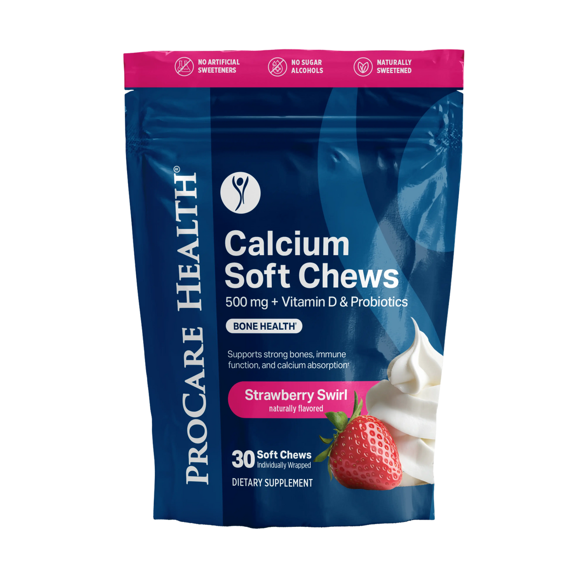 Calcium Soft Chew | Strawberry Swirl packaging with nutrition information and strawberries.