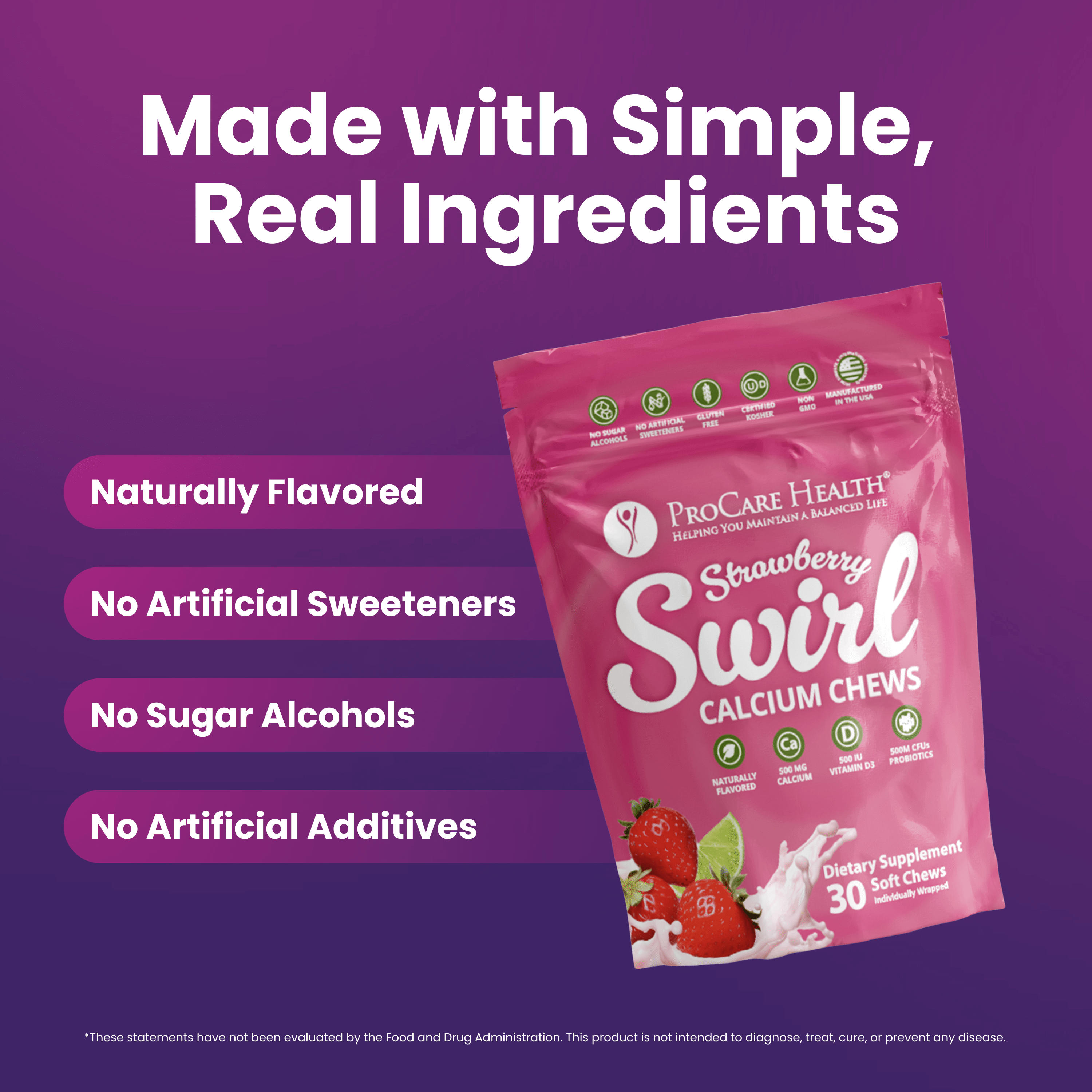 Calcium Soft Chew | Strawberry Swirl packaging with simple ingredients and nutritional benefits highlighted.