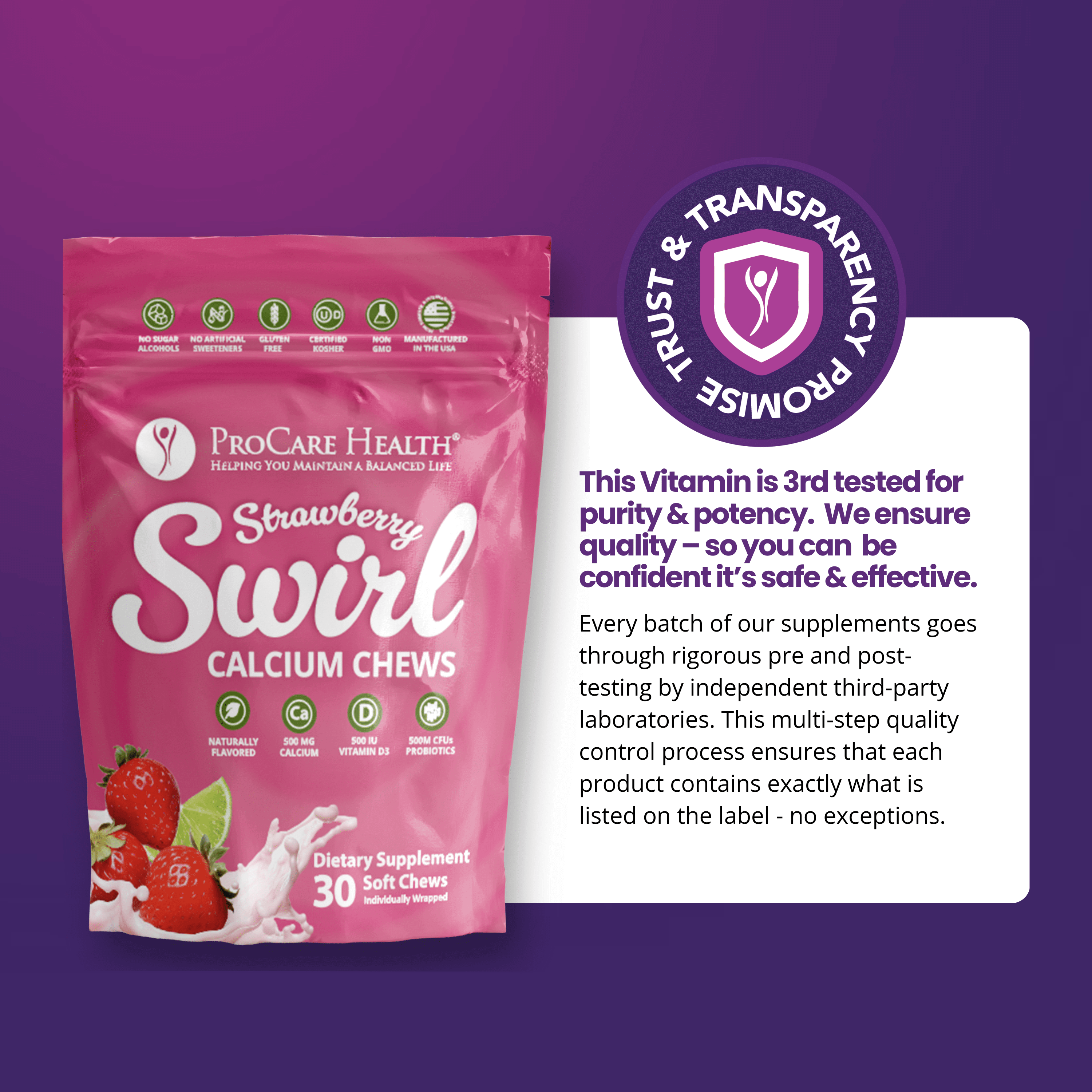 Calcium Soft Chew | Strawberry Swirl - Bariatric Calcium Chews 30-count package with strawberries and quality assurance details.
